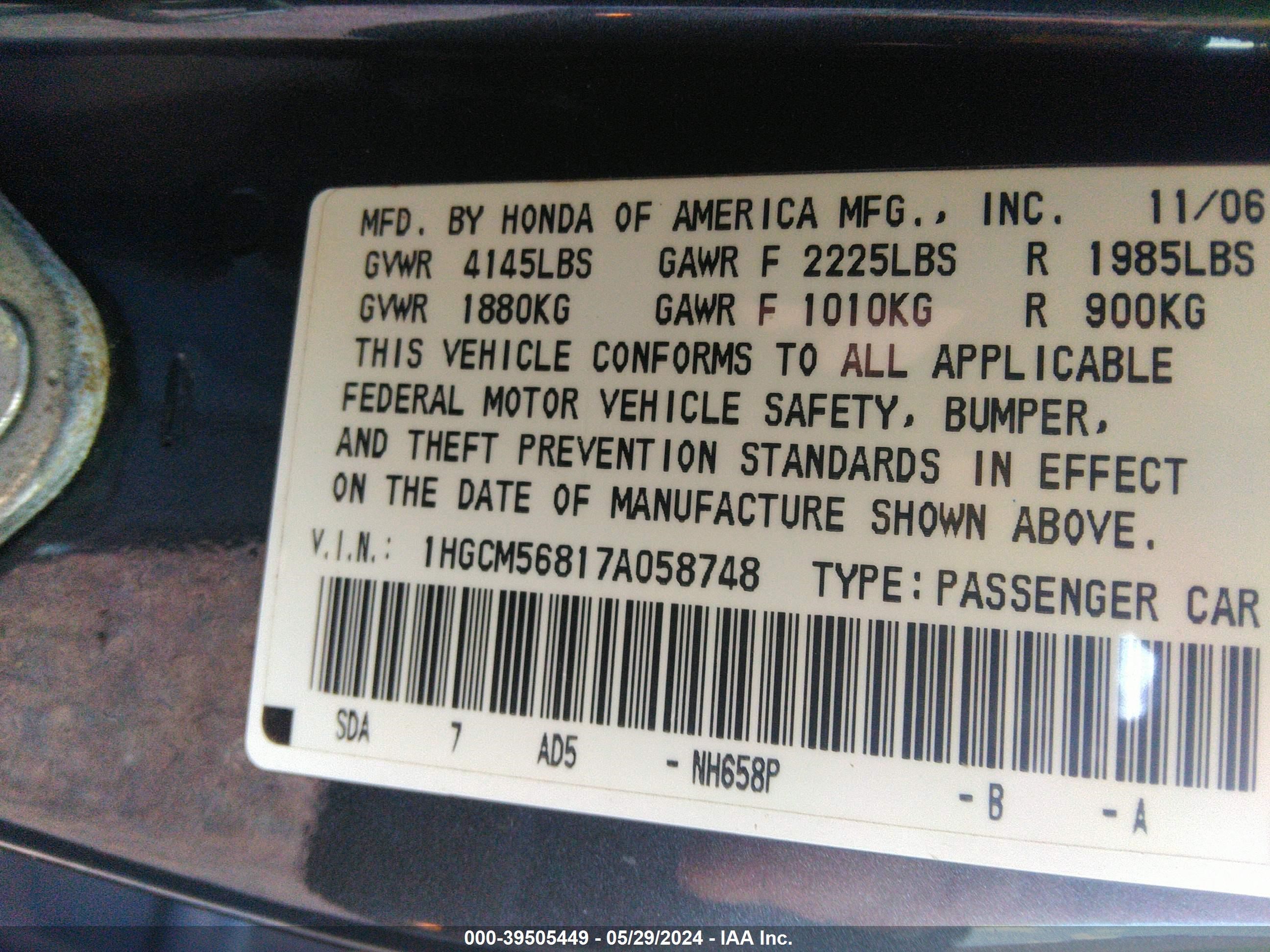 Photo 8 VIN: 1HGCM56817A058748 - HONDA ACCORD 