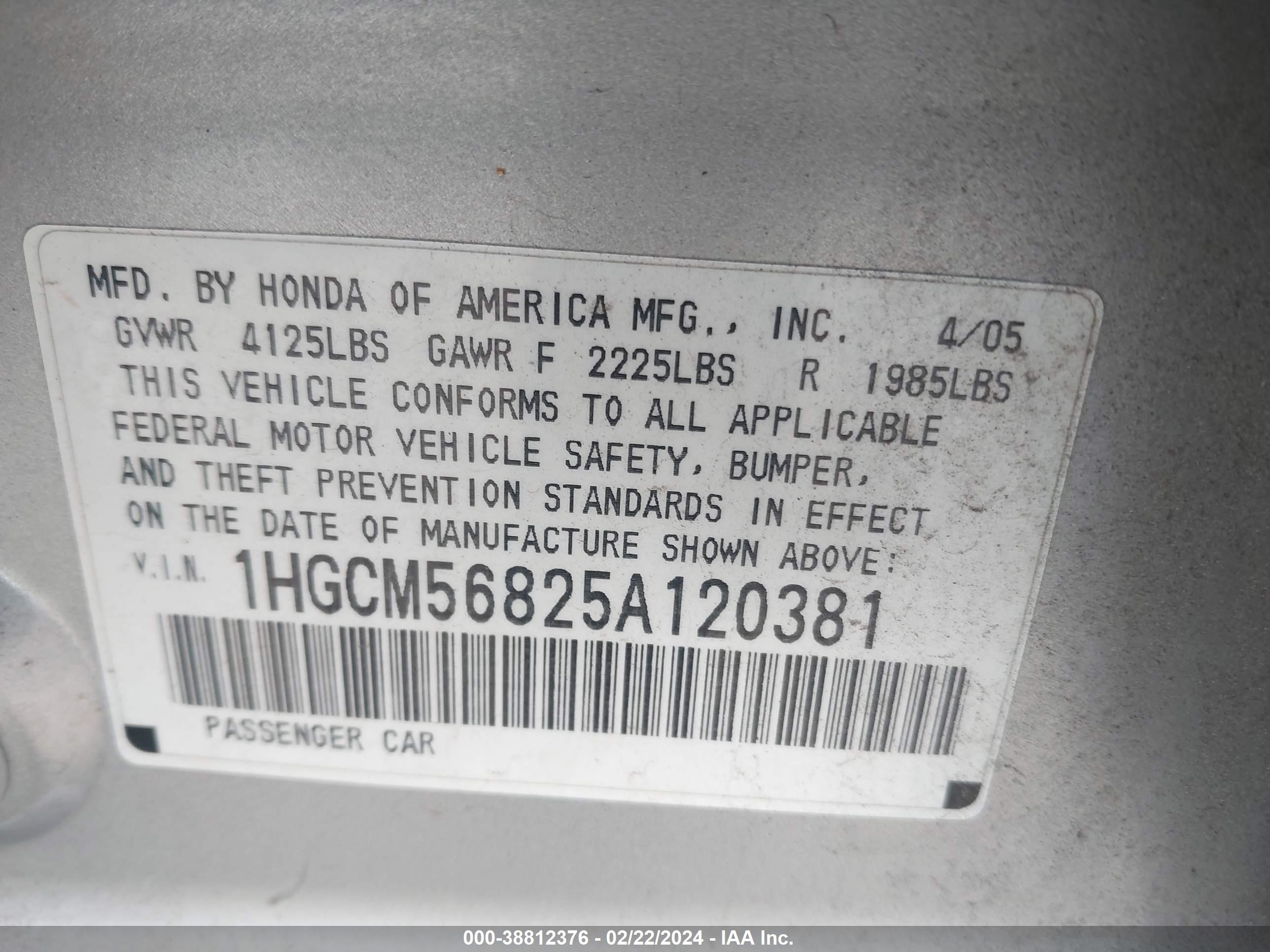 Photo 8 VIN: 1HGCM56825A120381 - HONDA ACCORD 