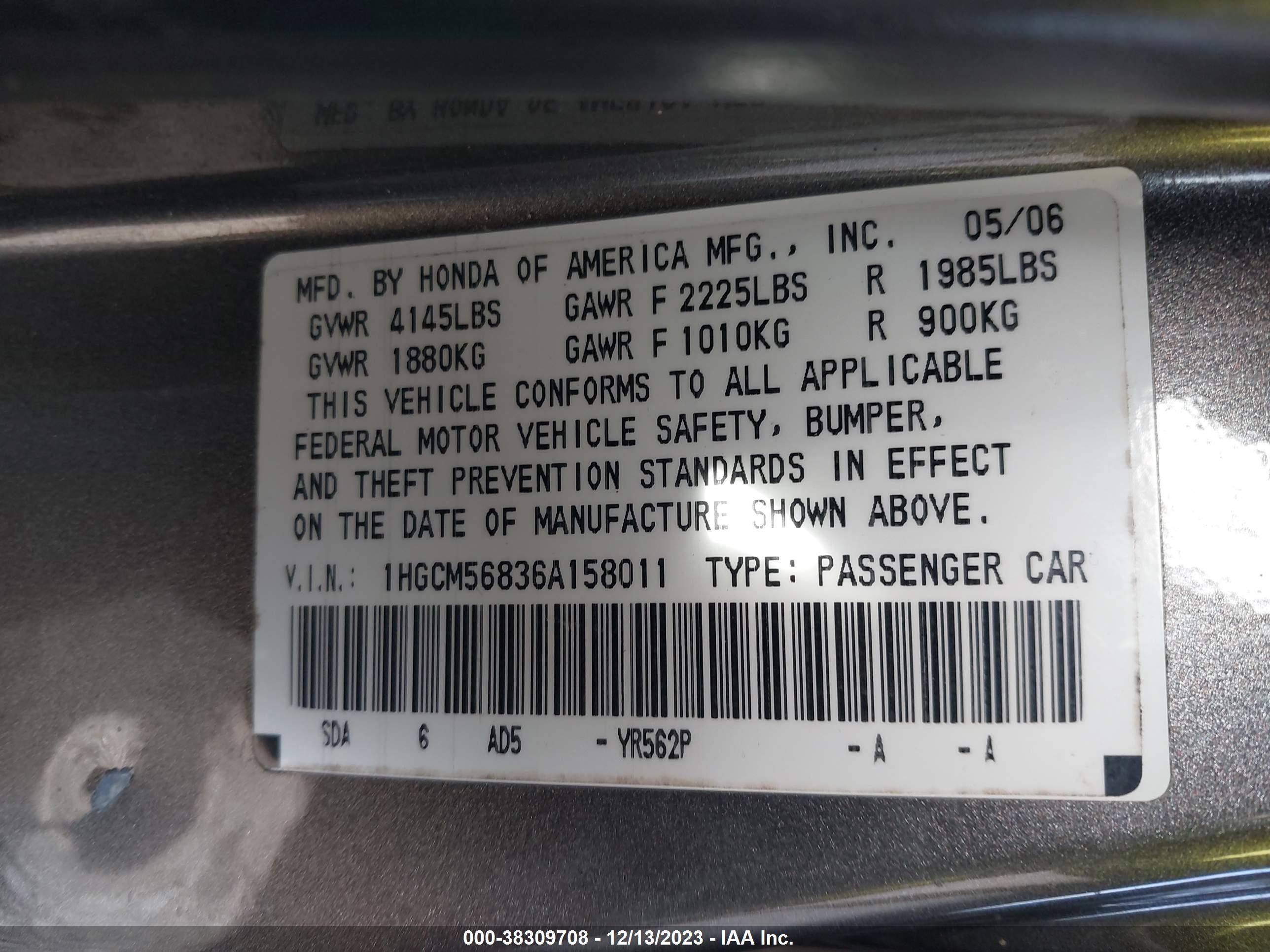 Photo 8 VIN: 1HGCM56836A158011 - HONDA ACCORD 