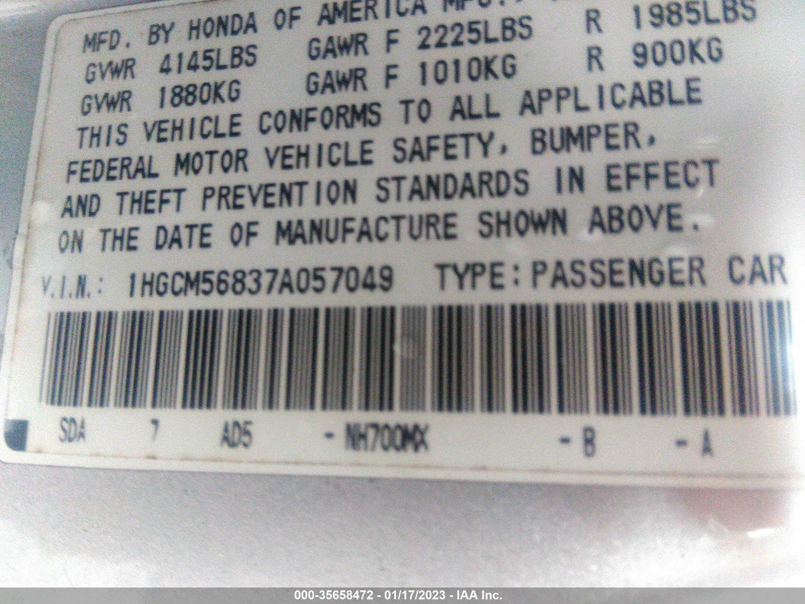 Photo 8 VIN: 1HGCM56837A057049 - HONDA ACCORD 