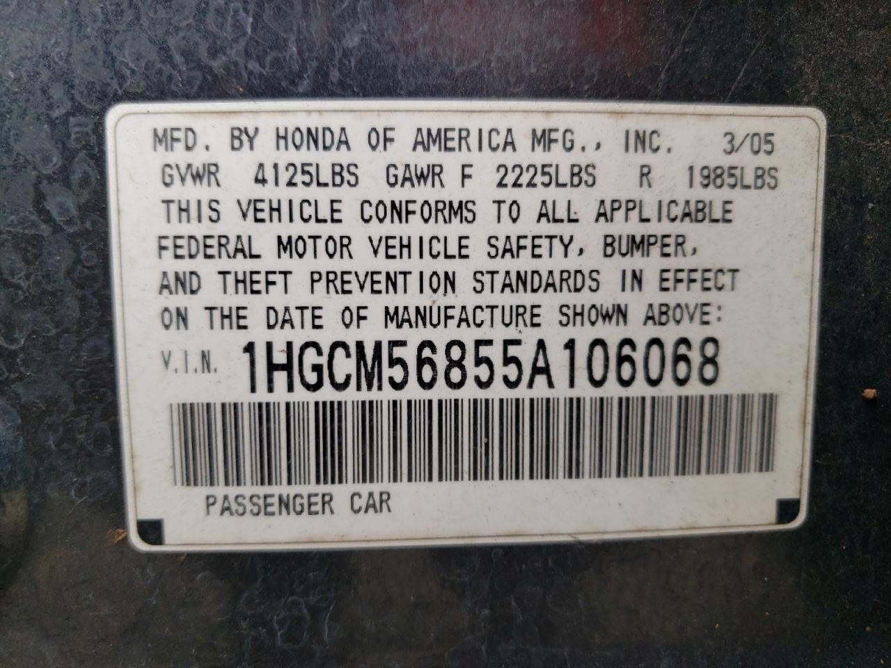 Photo 11 VIN: 1HGCM56855A106068 - HONDA ACCORD 