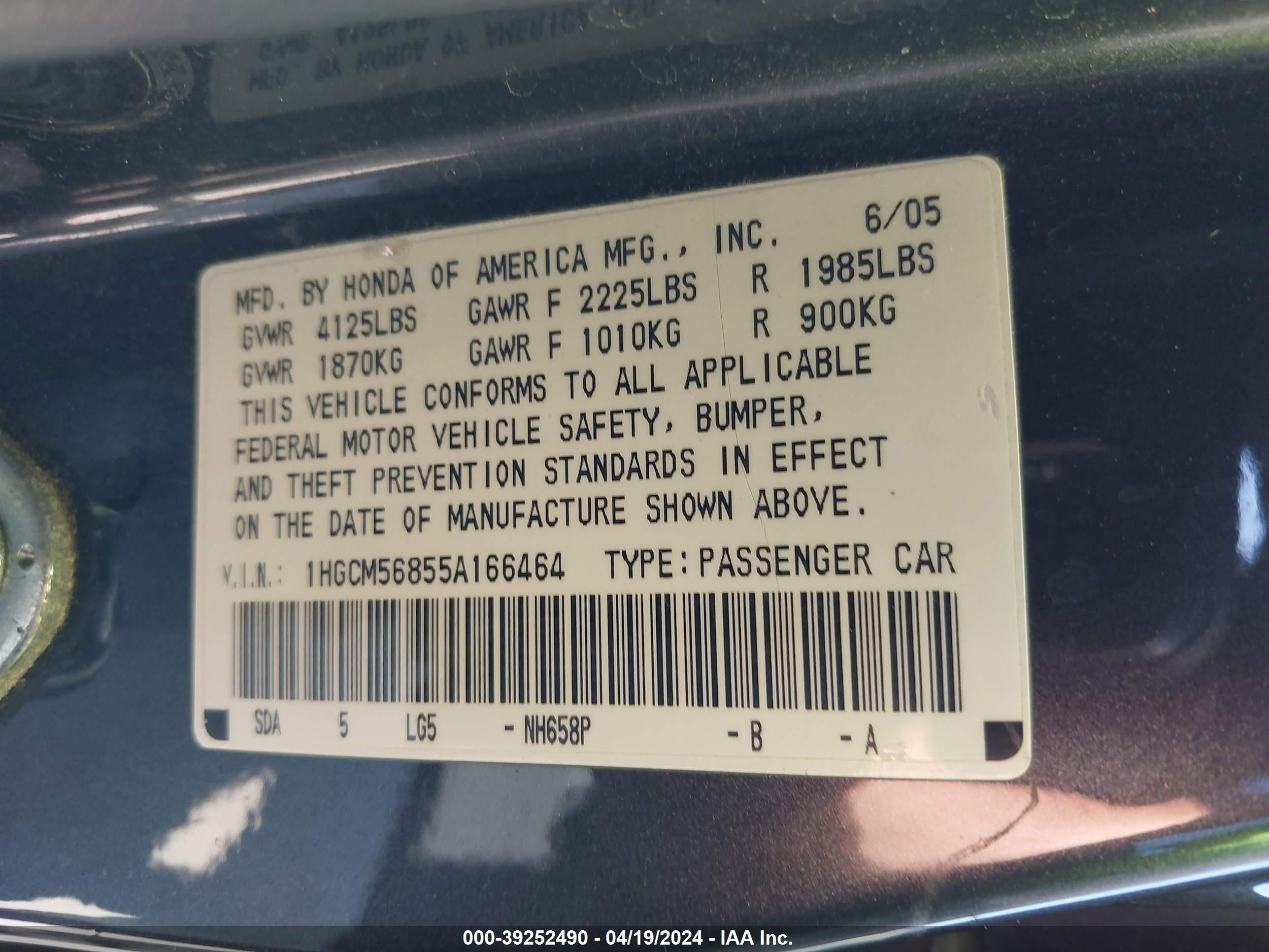 Photo 8 VIN: 1HGCM56855A166464 - HONDA ACCORD 