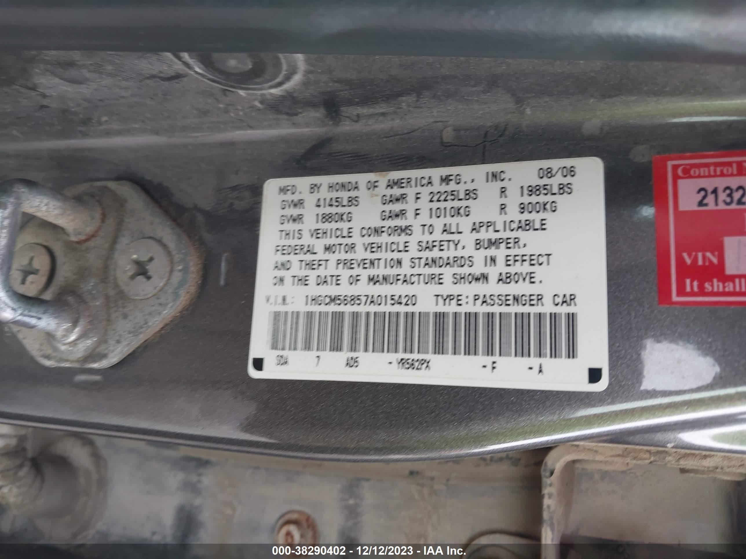 Photo 8 VIN: 1HGCM56857A015420 - HONDA ACCORD 