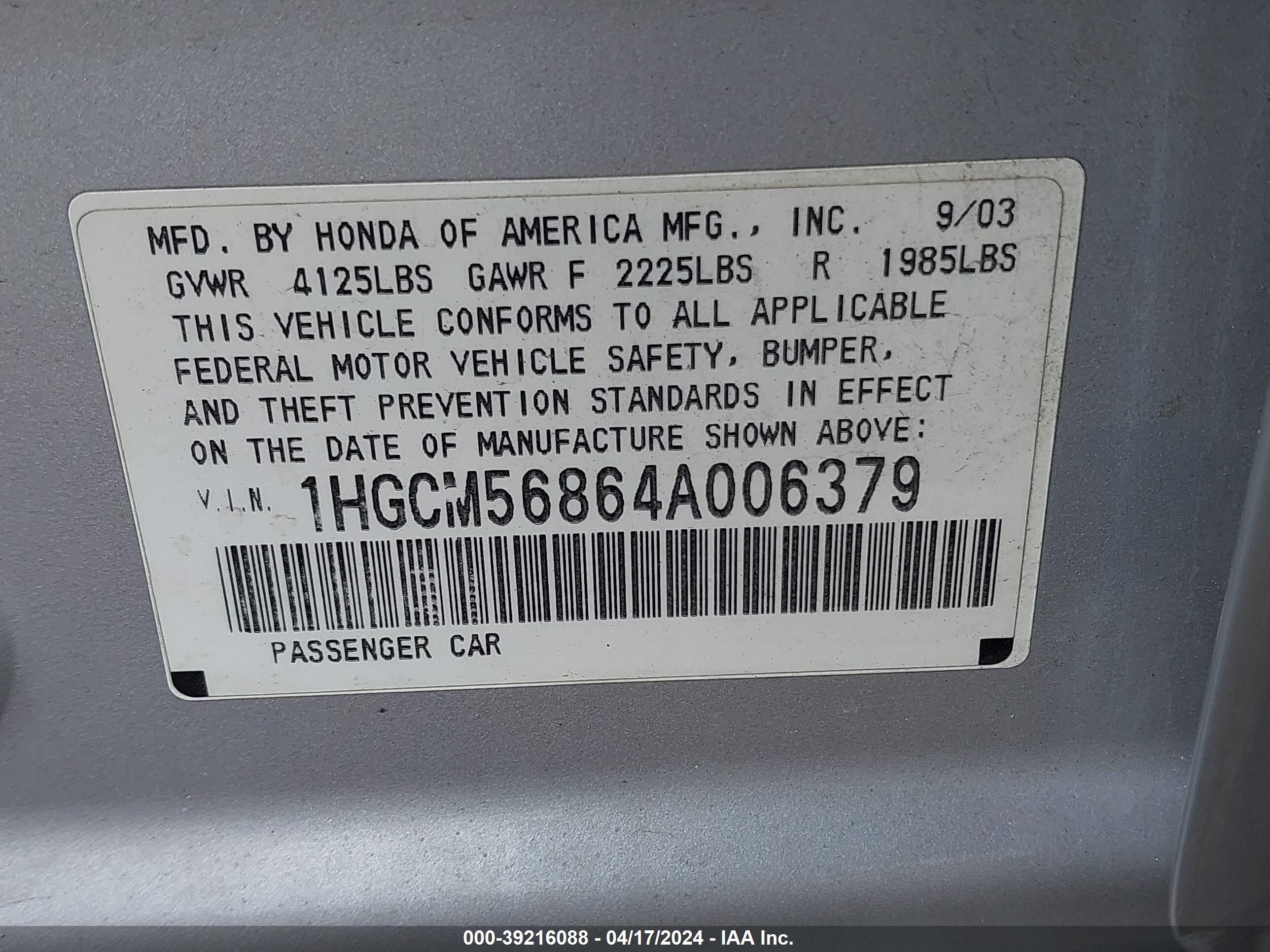 Photo 8 VIN: 1HGCM56864A006379 - HONDA ACCORD 