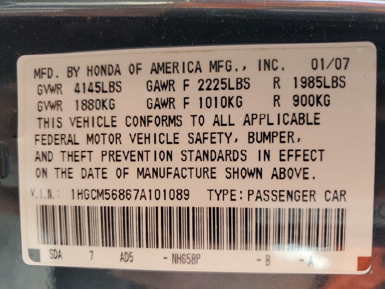 Photo 12 VIN: 1HGCM56867A101089 - HONDA ACCORD 