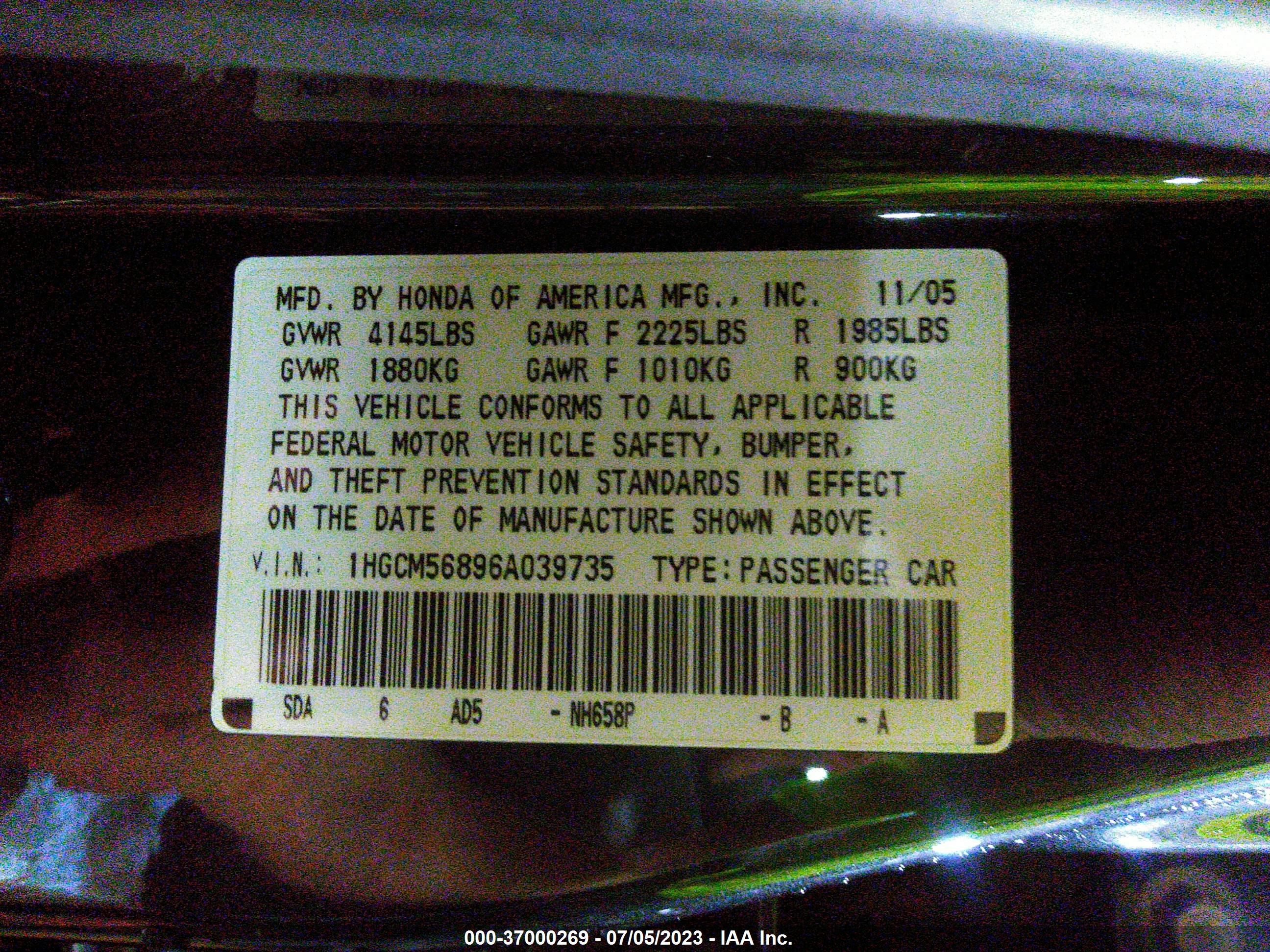 Photo 8 VIN: 1HGCM56896A039735 - HONDA ACCORD 