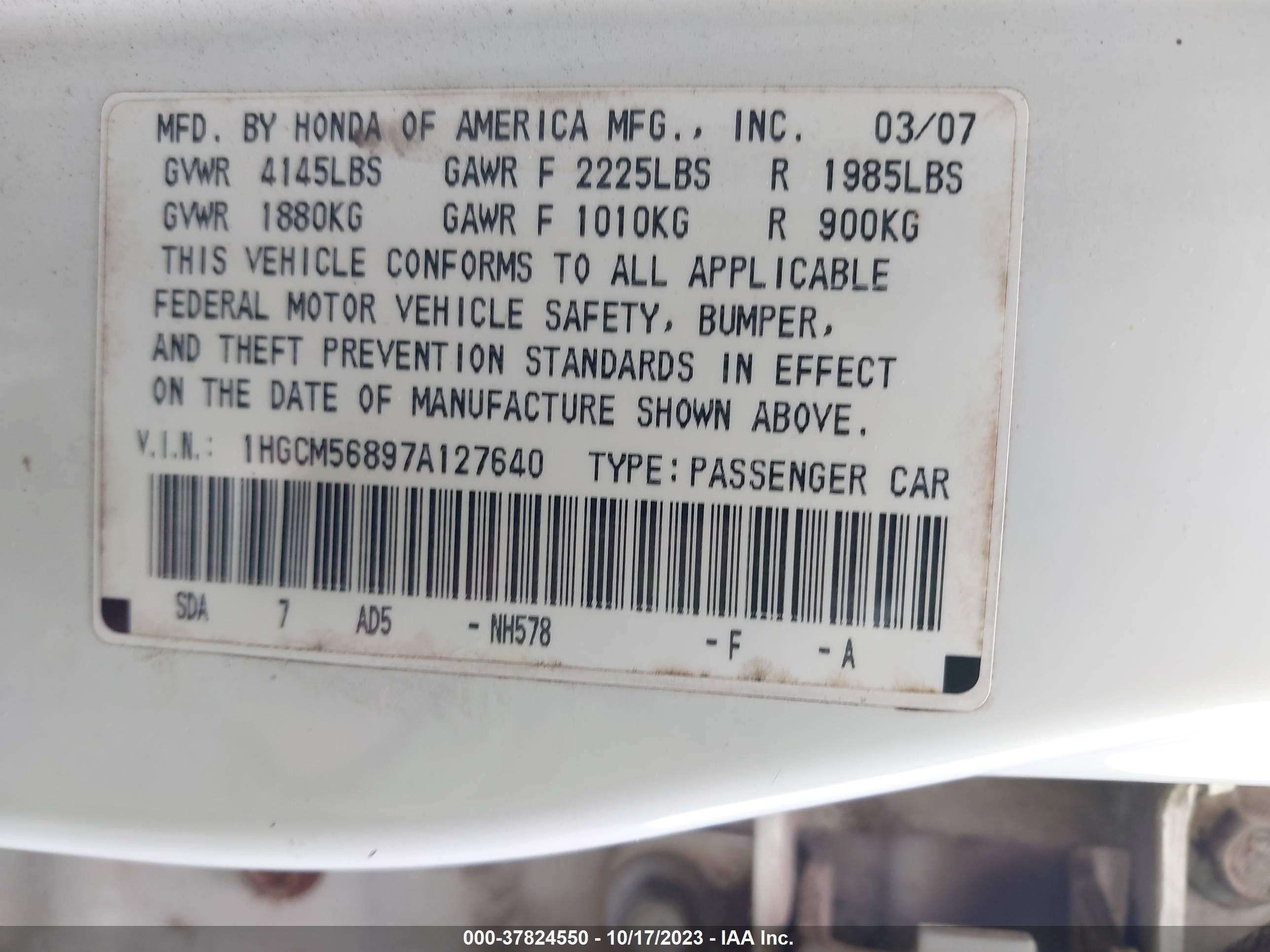 Photo 8 VIN: 1HGCM56897A127640 - HONDA ACCORD 