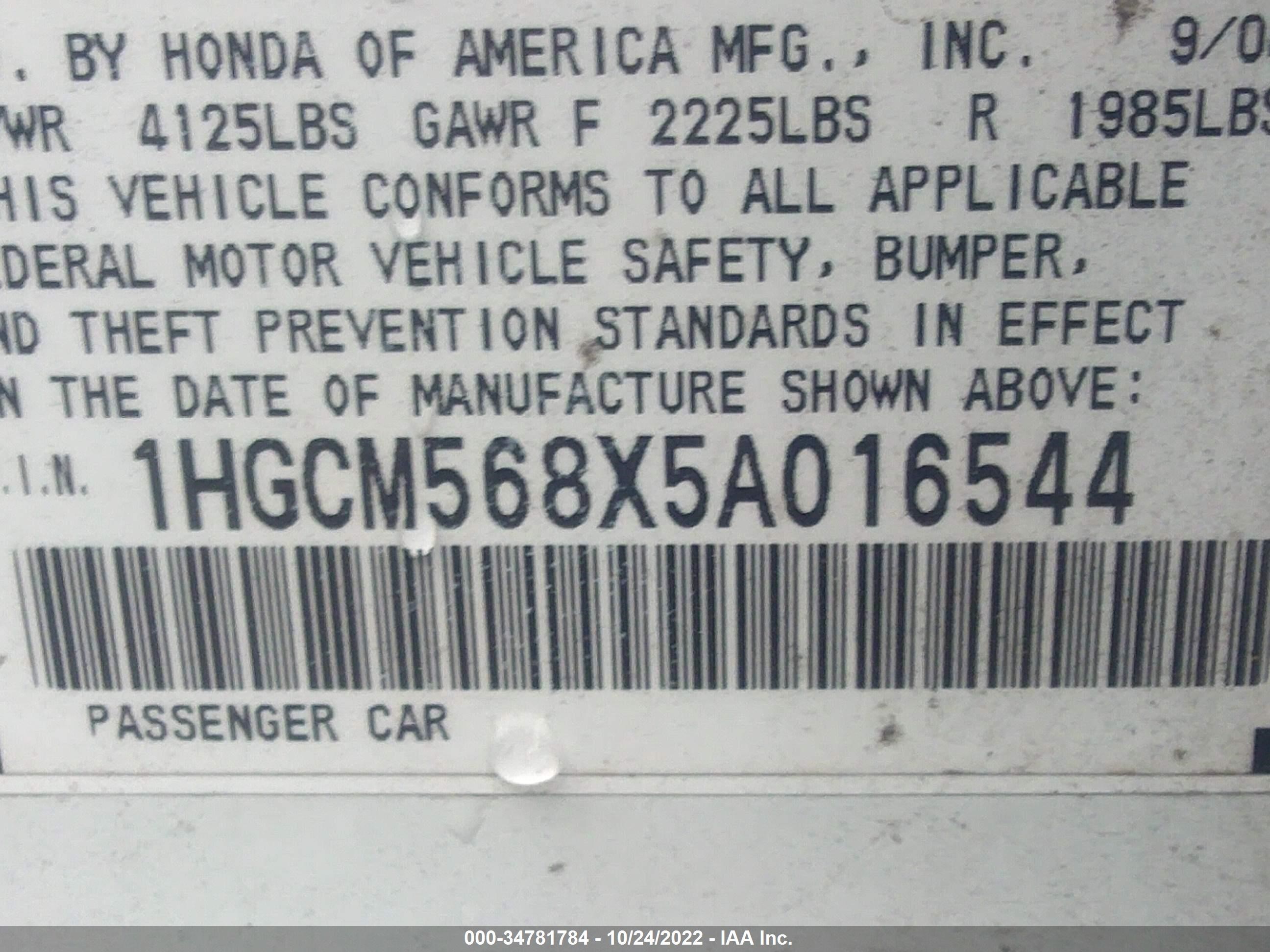 Photo 8 VIN: 1HGCM568X5A016544 - HONDA ACCORD 