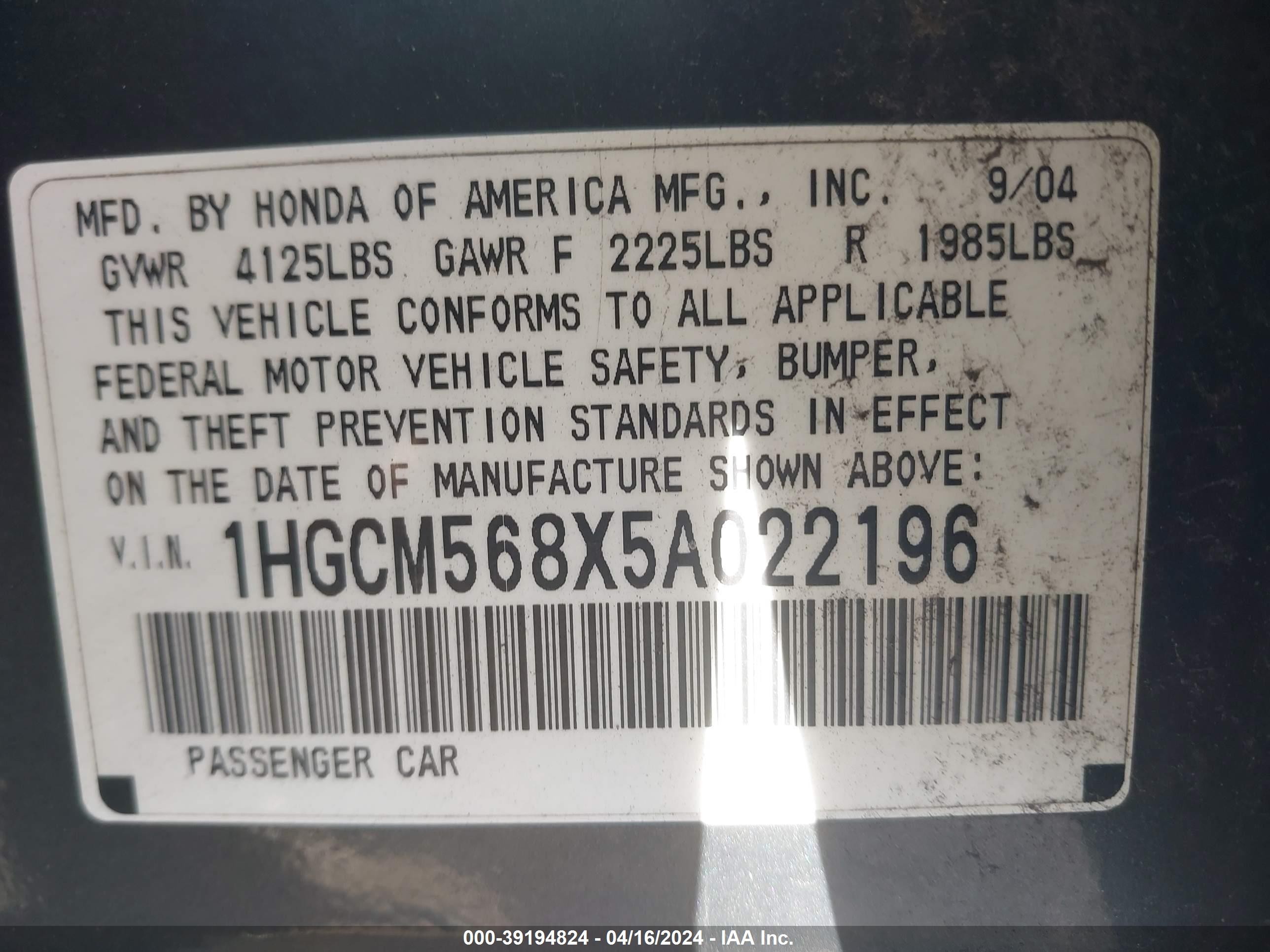 Photo 8 VIN: 1HGCM568X5A022196 - HONDA ACCORD 