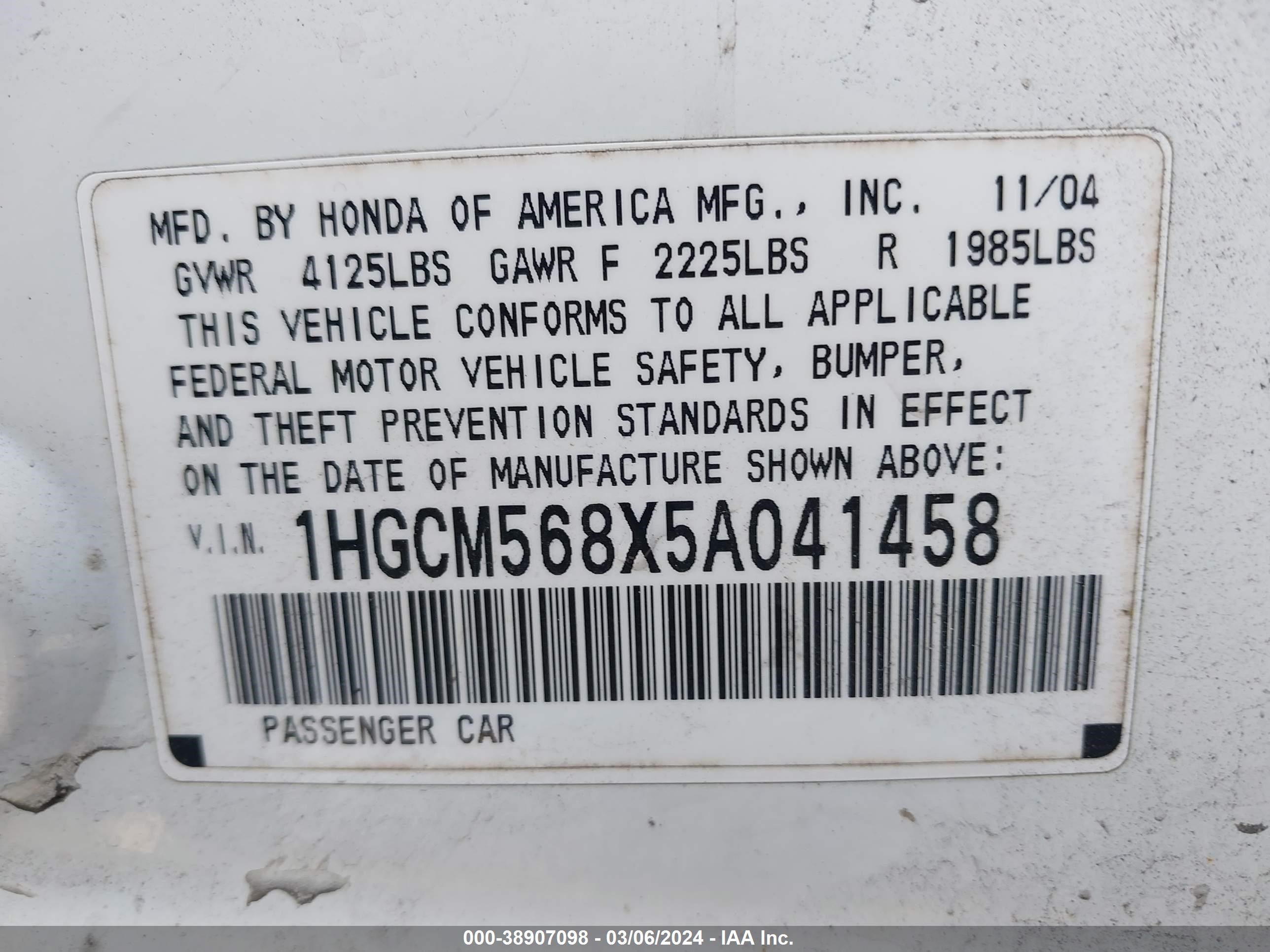 Photo 8 VIN: 1HGCM568X5A041458 - HONDA ACCORD 