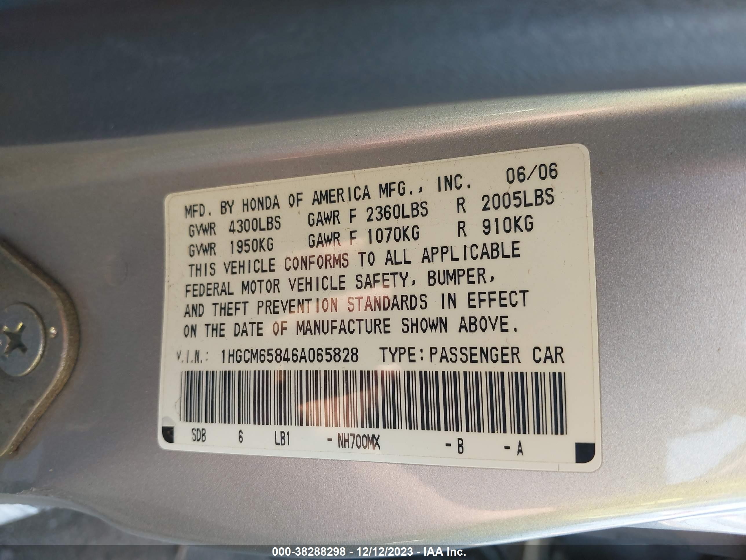 Photo 8 VIN: 1HGCM65846A065828 - HONDA ACCORD 