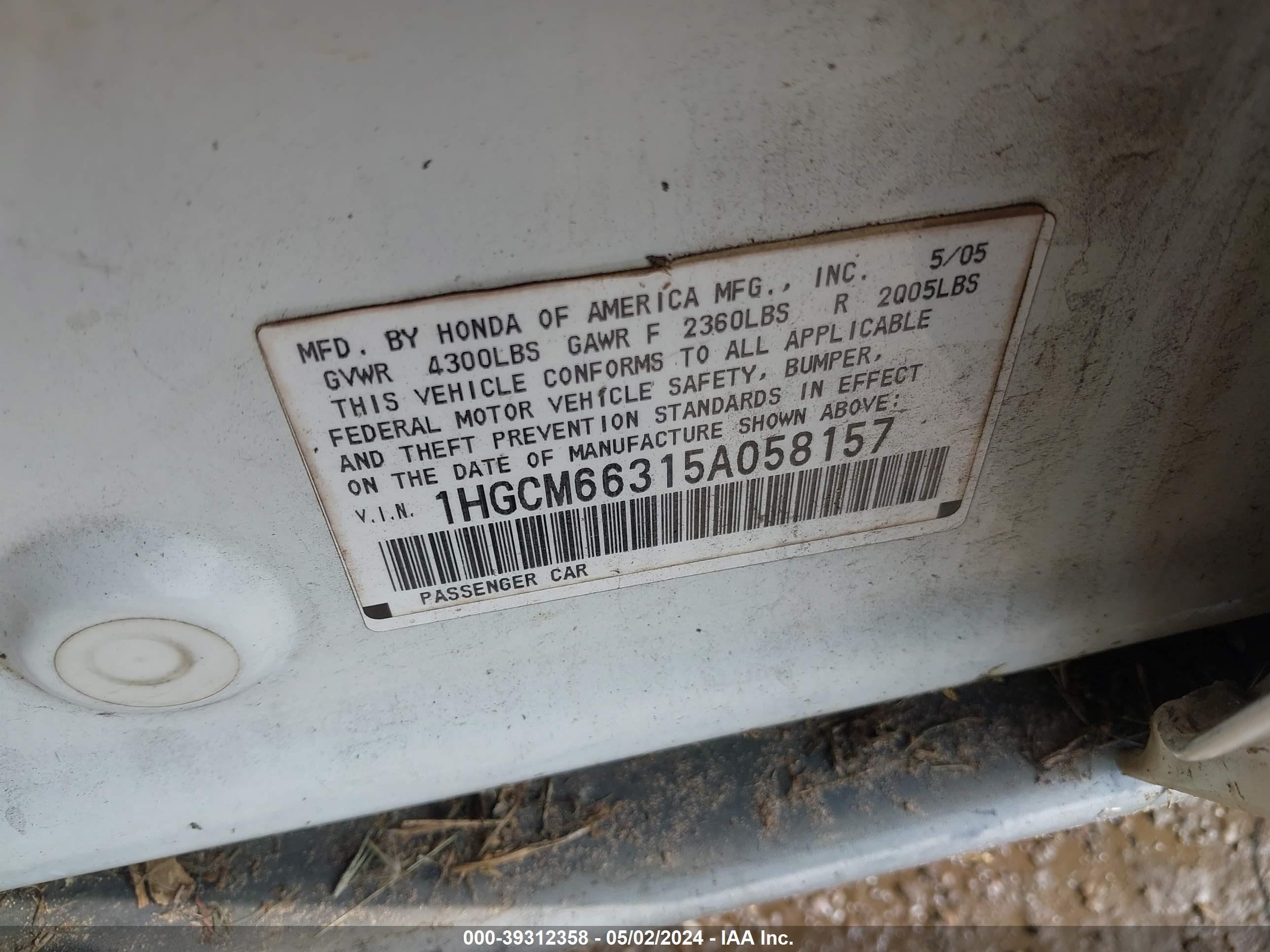 Photo 8 VIN: 1HGCM66315A058157 - HONDA ACCORD 