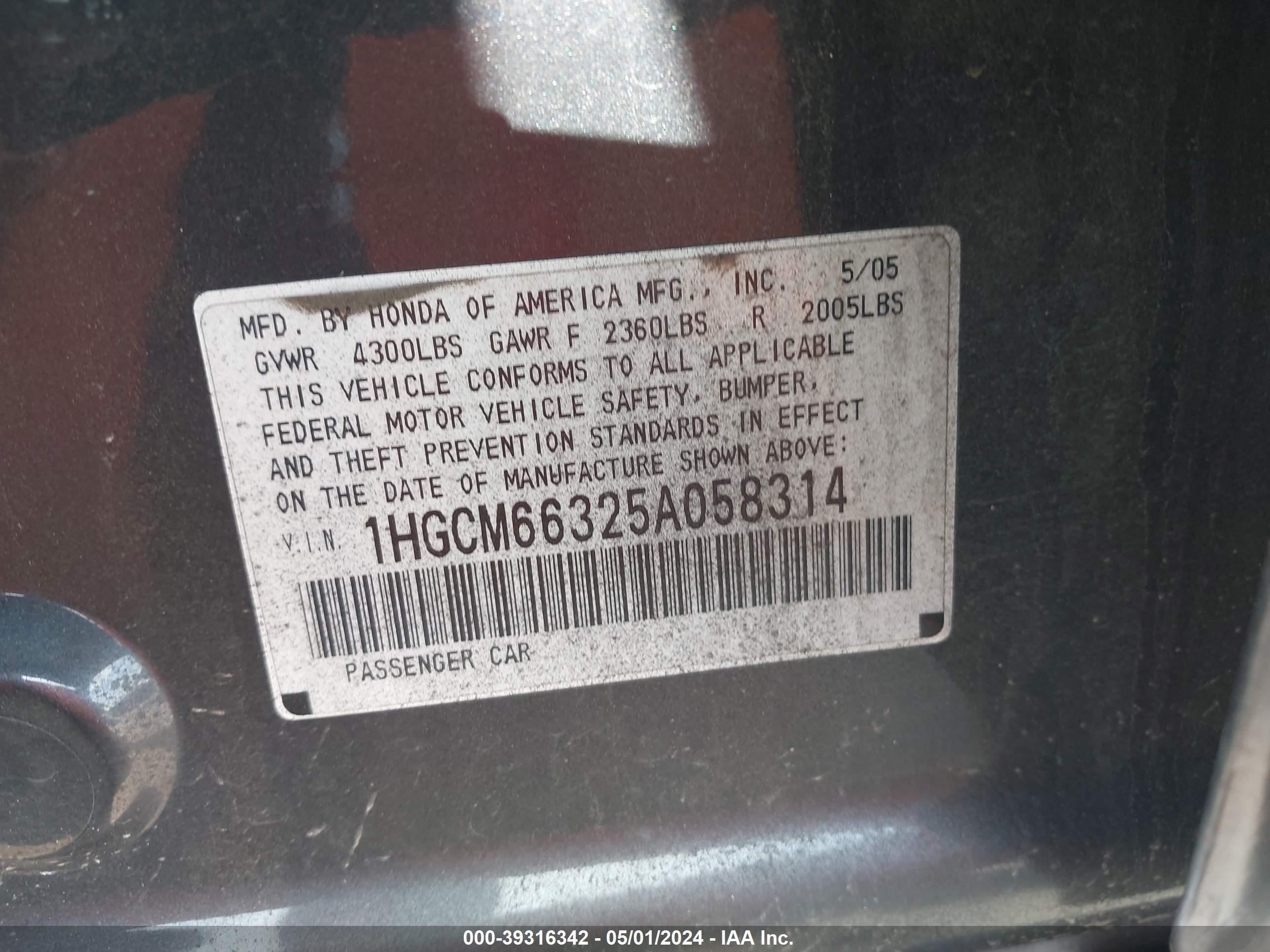 Photo 8 VIN: 1HGCM66325A058314 - HONDA ACCORD 