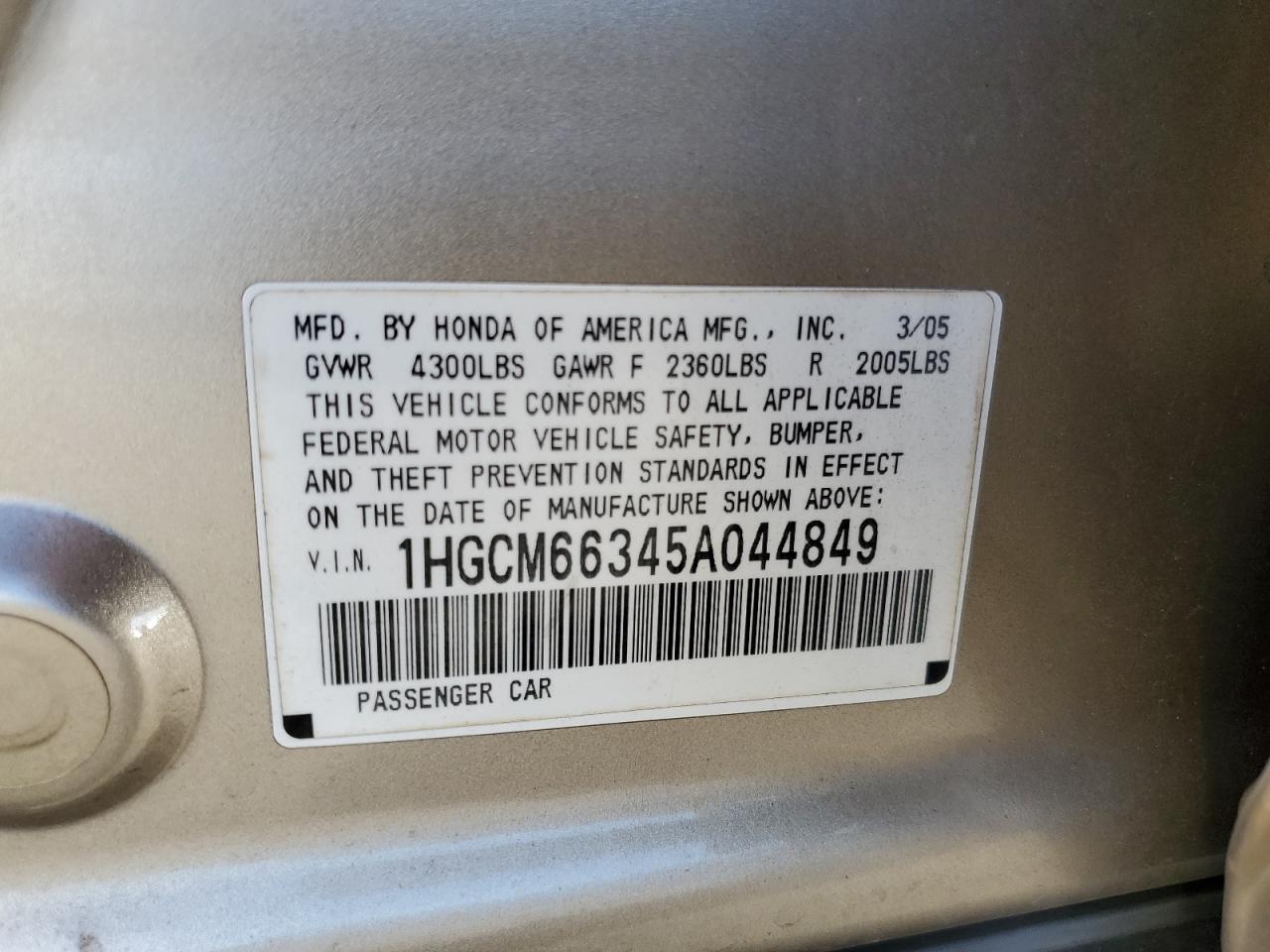 Photo 11 VIN: 1HGCM66345A044849 - HONDA ACCORD 