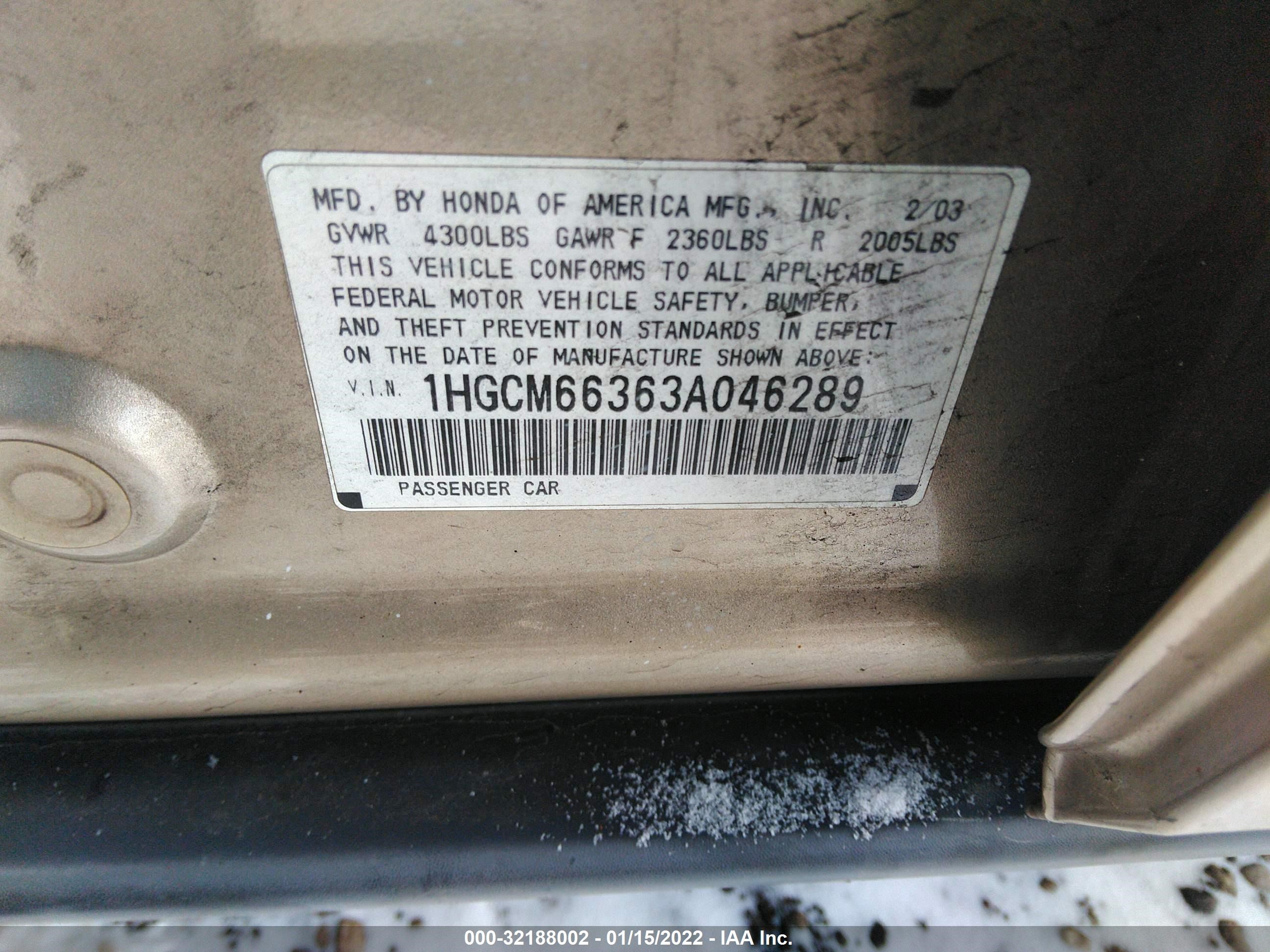 Photo 8 VIN: 1HGCM66363A046289 - HONDA ACCORD 