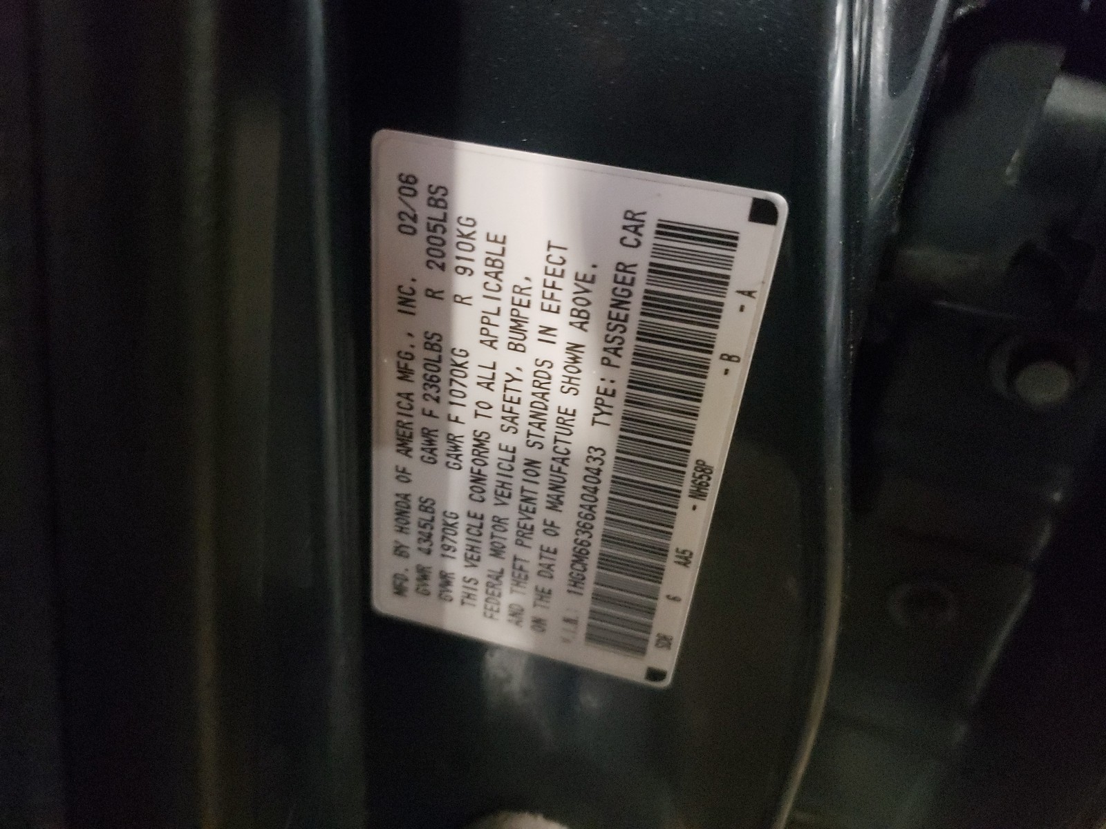 Photo 9 VIN: 1HGCM66366A040433 - HONDA ACCORD LX 