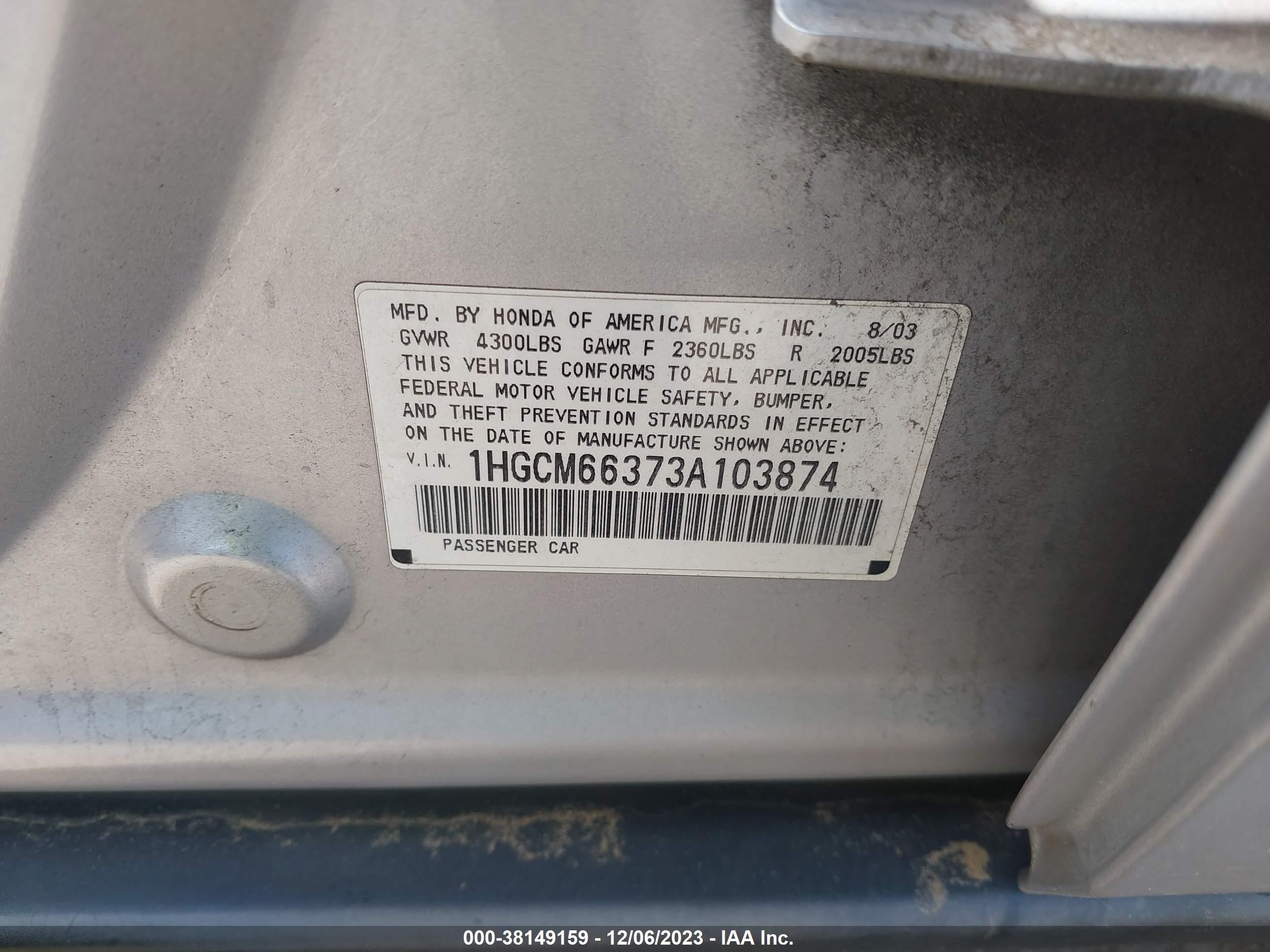 Photo 8 VIN: 1HGCM66373A103874 - HONDA ACCORD 