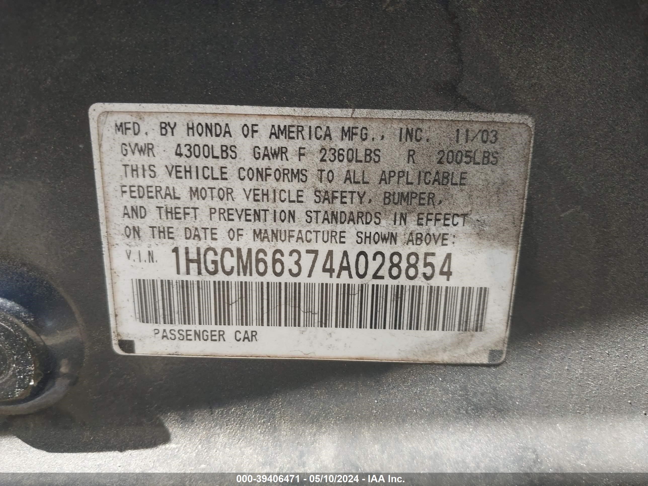 Photo 8 VIN: 1HGCM66374A028854 - HONDA ACCORD 