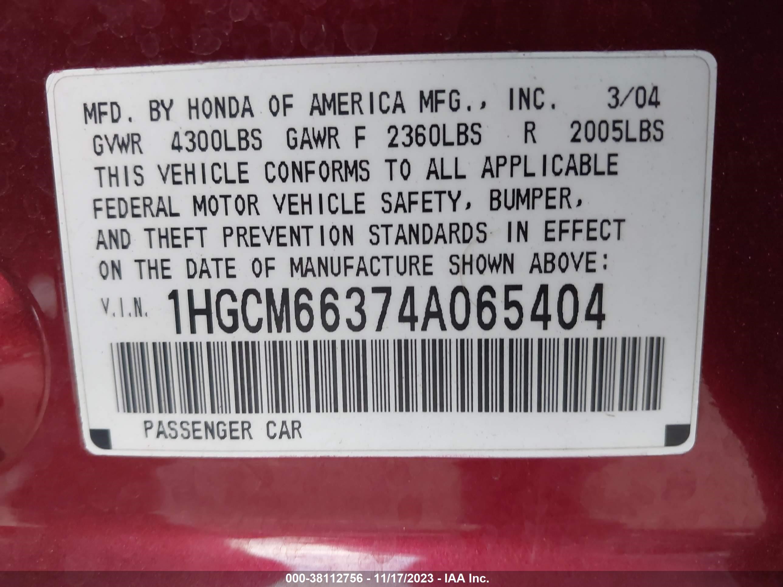 Photo 8 VIN: 1HGCM66374A065404 - HONDA ACCORD 