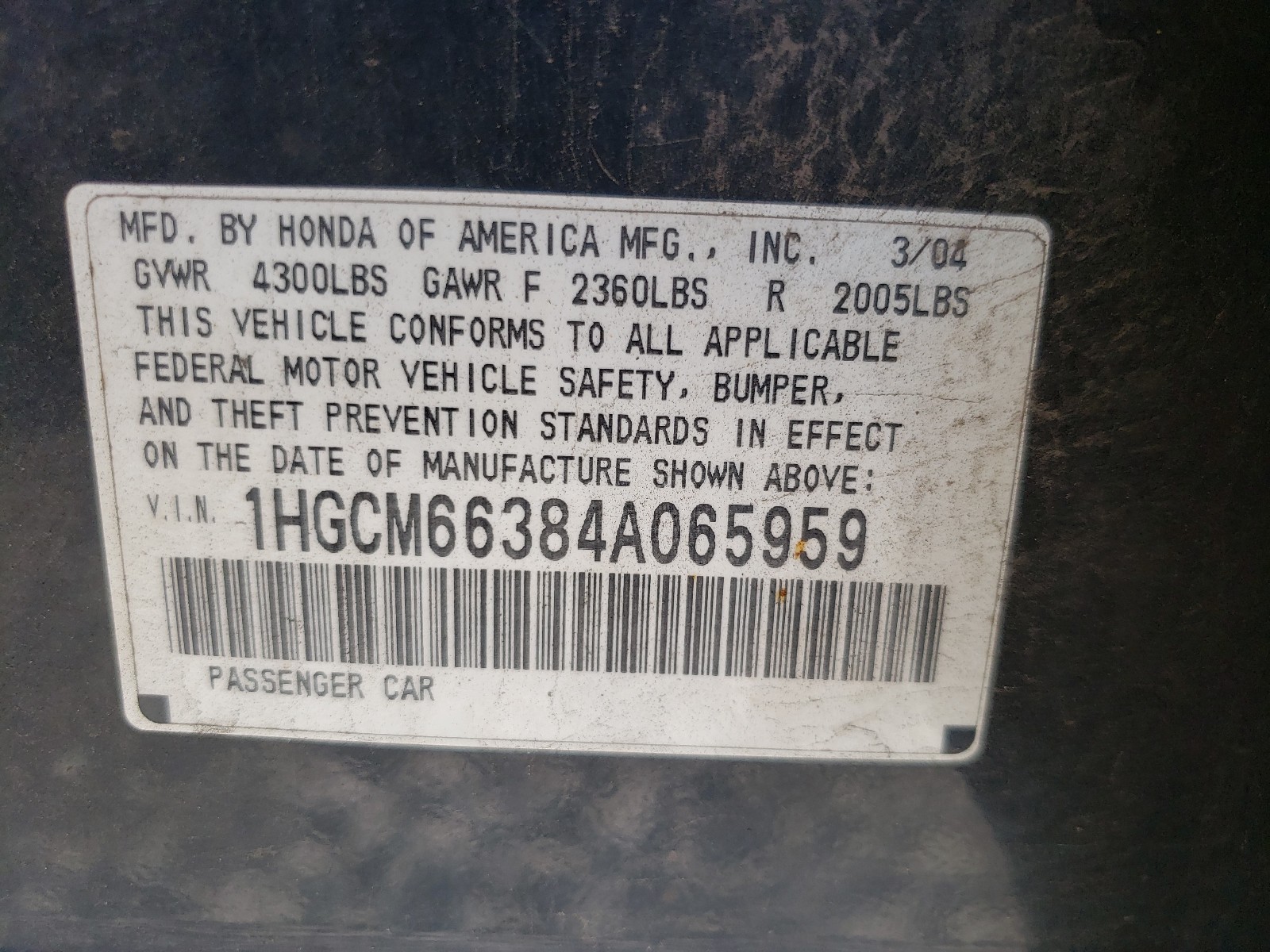 Photo 9 VIN: 1HGCM66384A065959 - HONDA ACCORD LX 