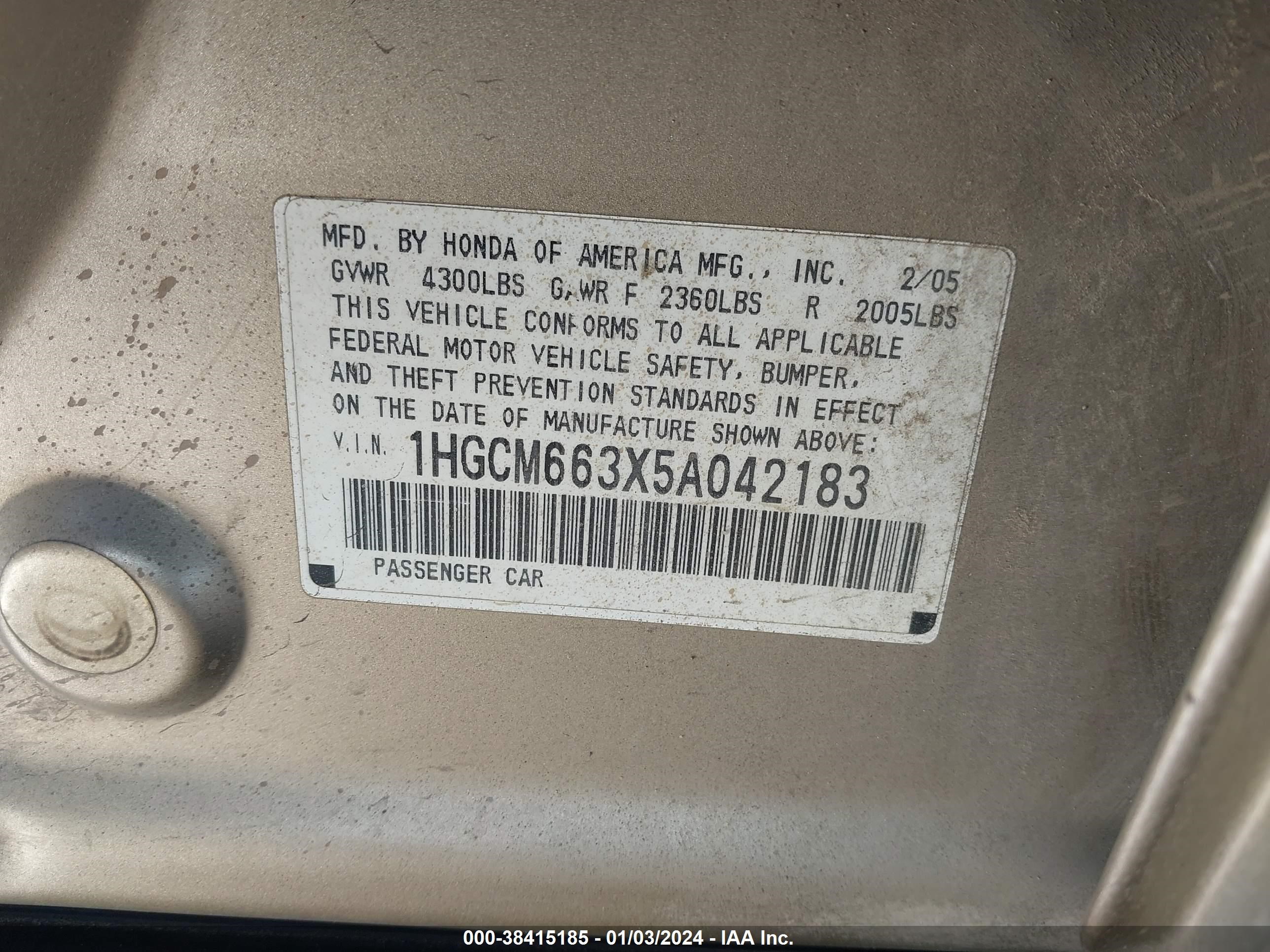 Photo 8 VIN: 1HGCM663X5A042183 - HONDA ACCORD 