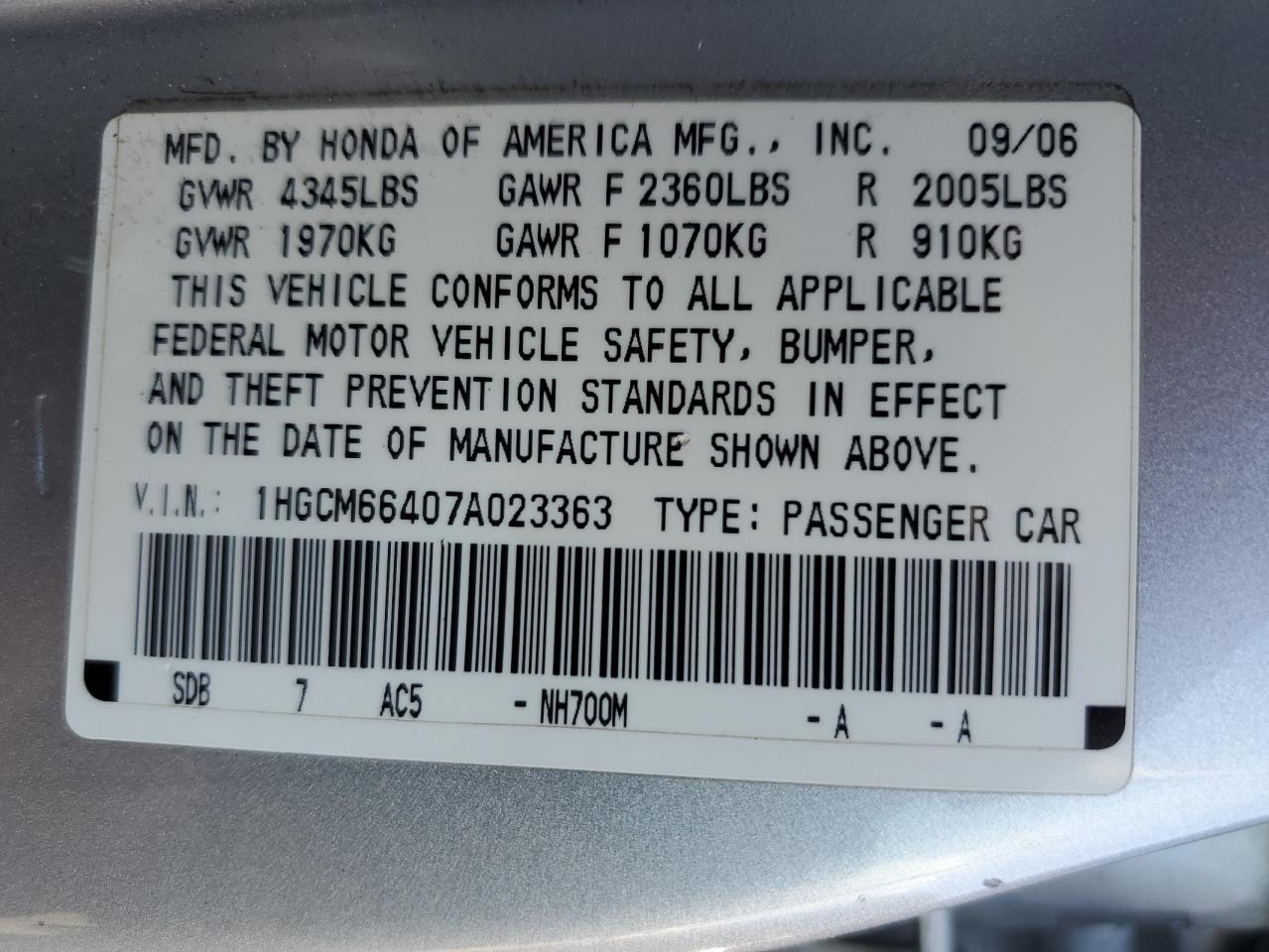 Photo 11 VIN: 1HGCM66407A023363 - HONDA ACCORD 