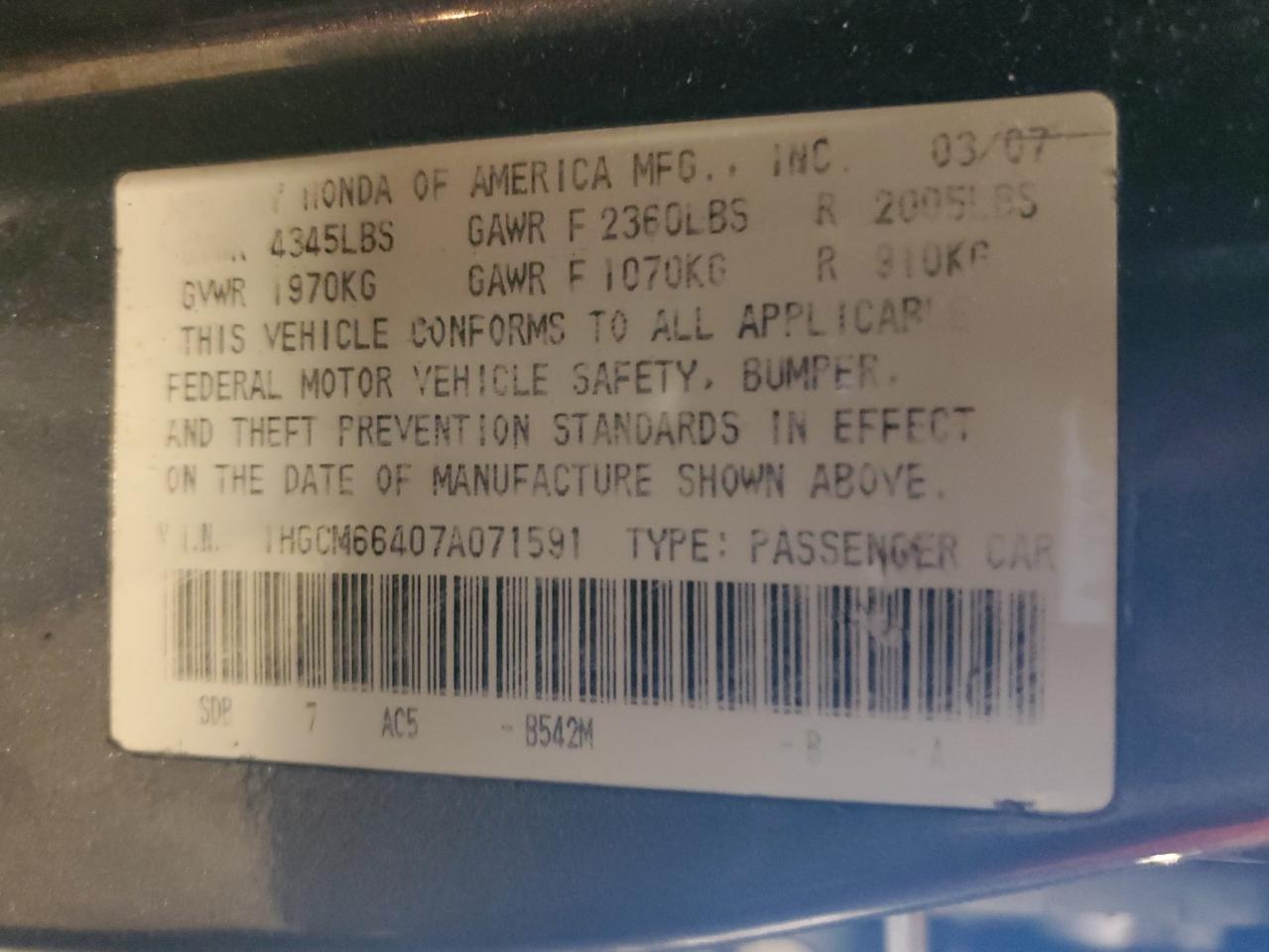 Photo 11 VIN: 1HGCM66407A071591 - HONDA ACCORD 