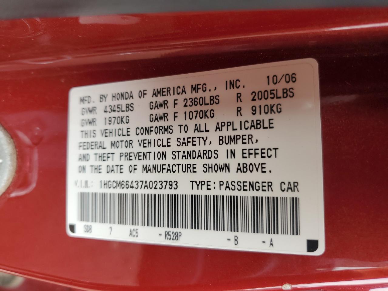 Photo 11 VIN: 1HGCM66437A023793 - HONDA ACCORD 