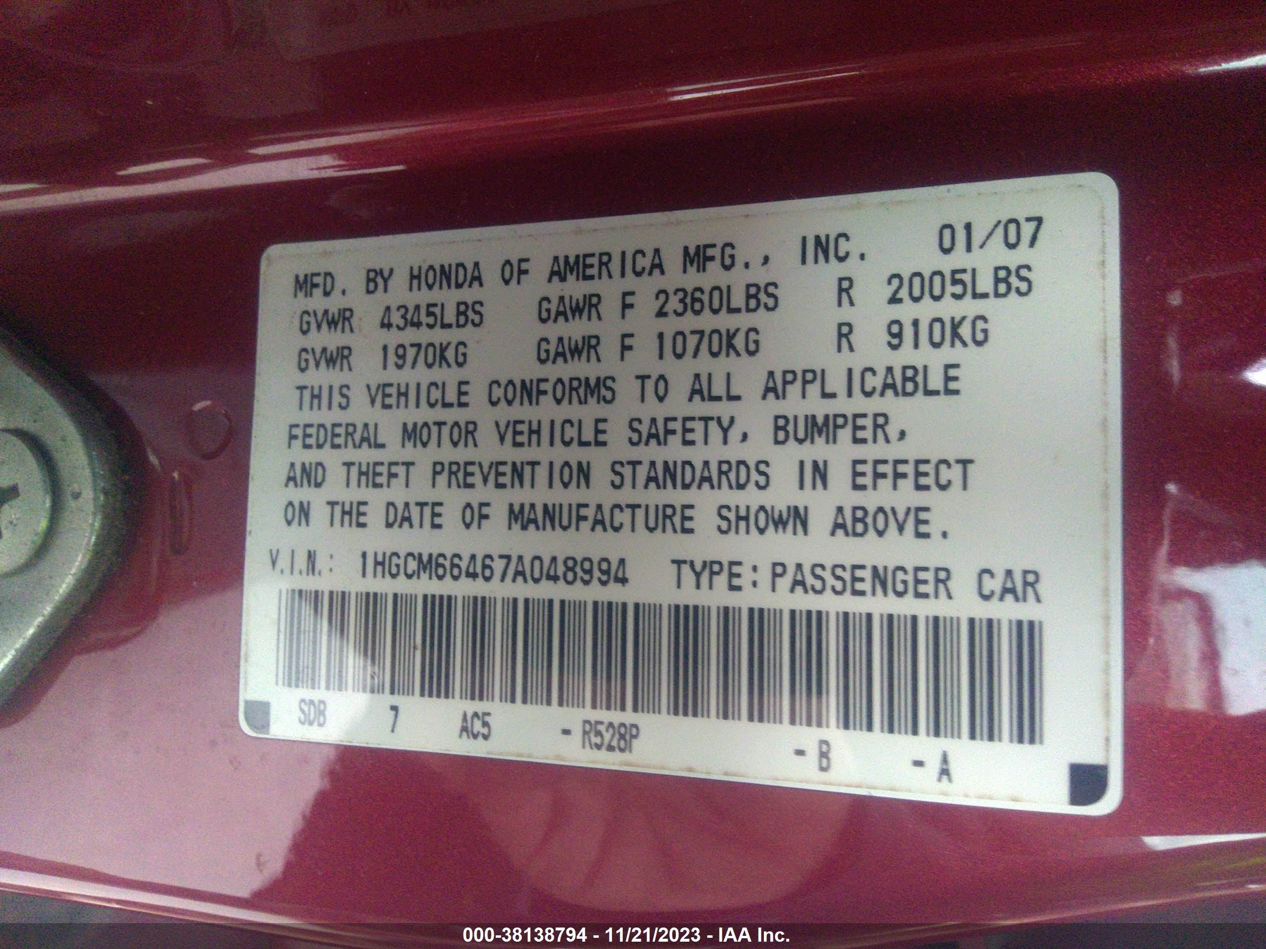 Photo 8 VIN: 1HGCM66467A048994 - HONDA ACCORD 