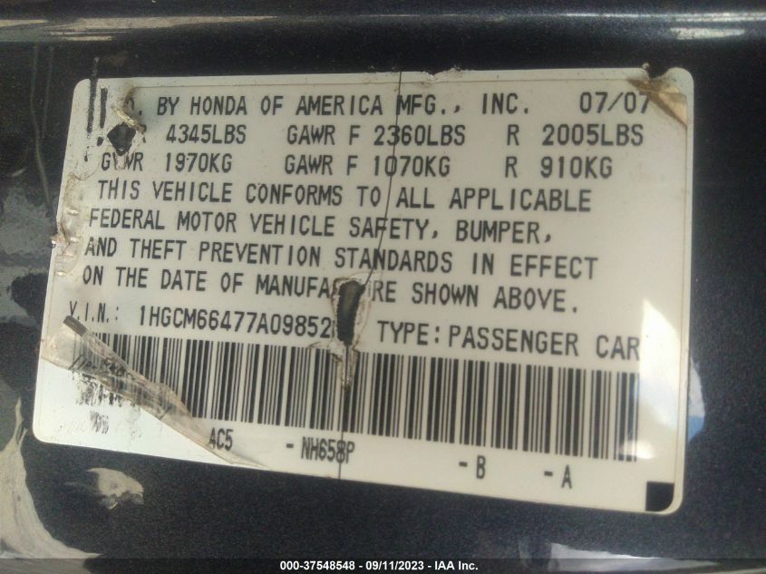 Photo 8 VIN: 1HGCM66477A098528 - HONDA ACCORD 