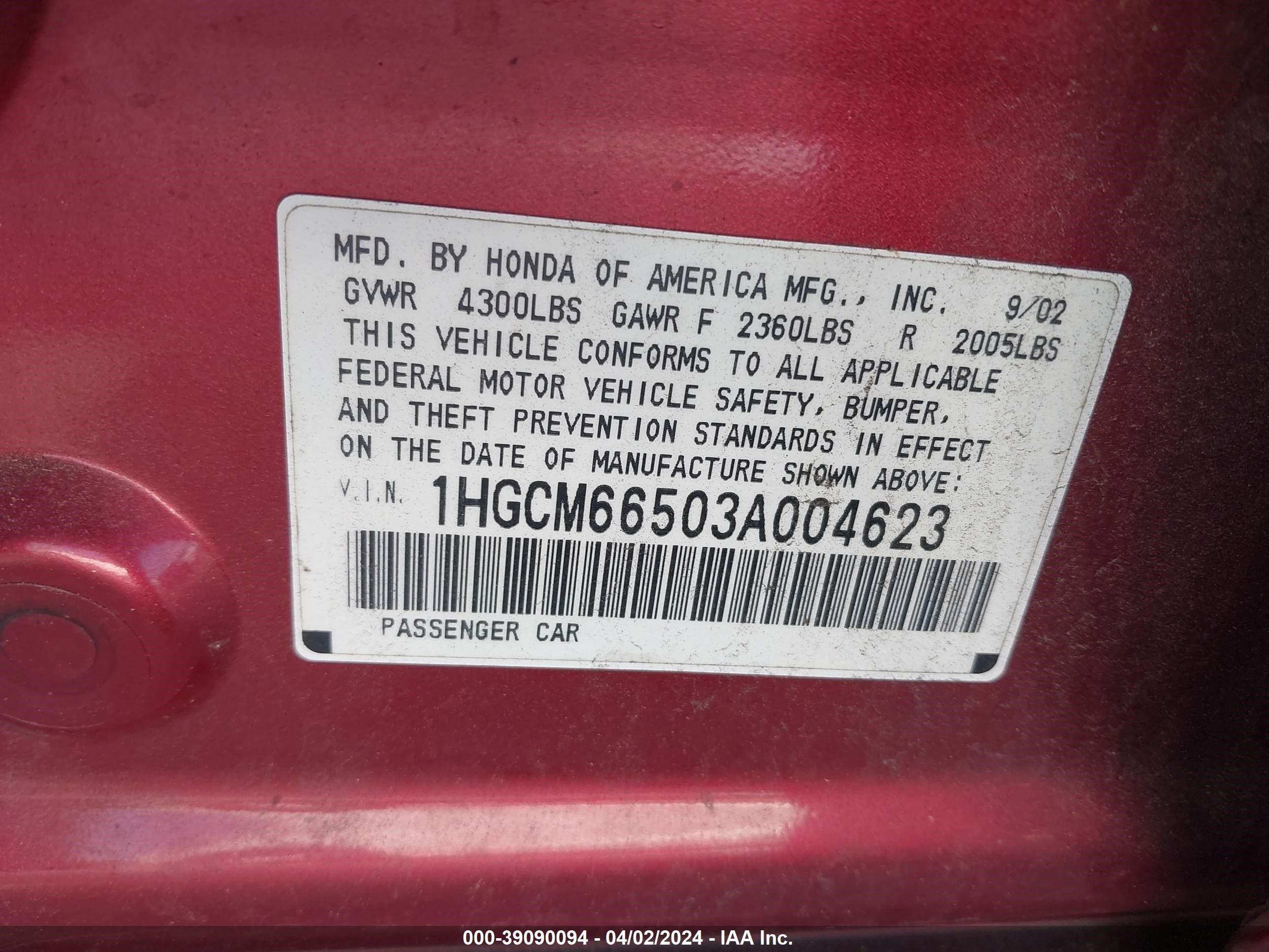 Photo 8 VIN: 1HGCM66503A004623 - HONDA ACCORD 