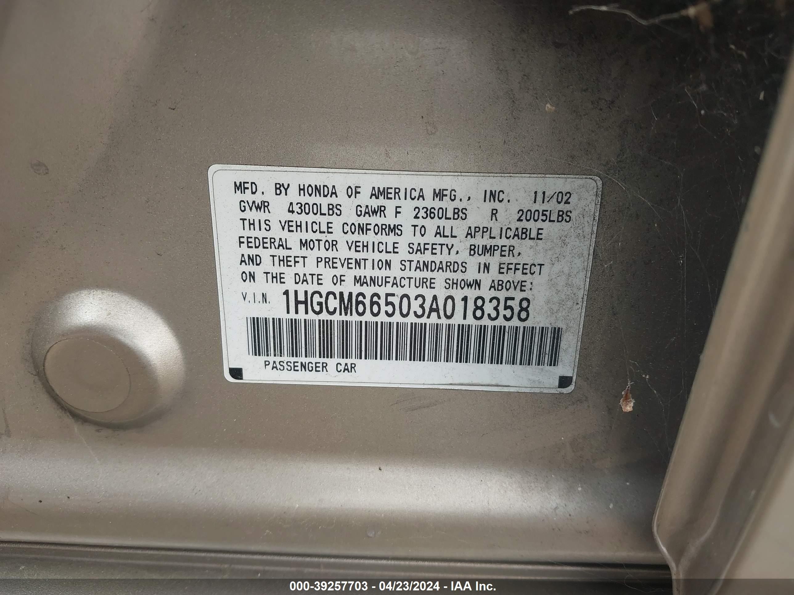 Photo 8 VIN: 1HGCM66503A018358 - HONDA ACCORD 