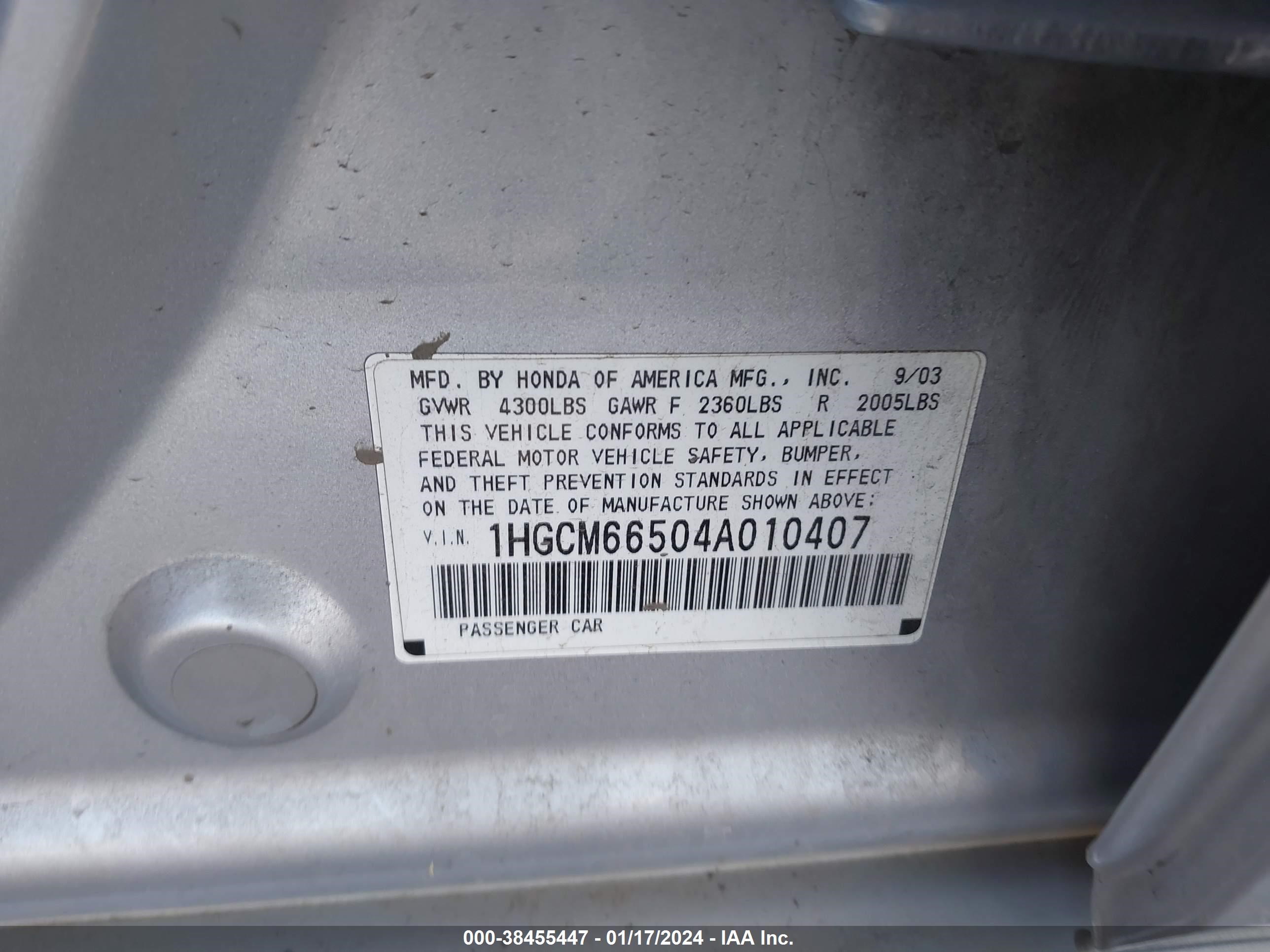 Photo 8 VIN: 1HGCM66504A010407 - HONDA ACCORD 