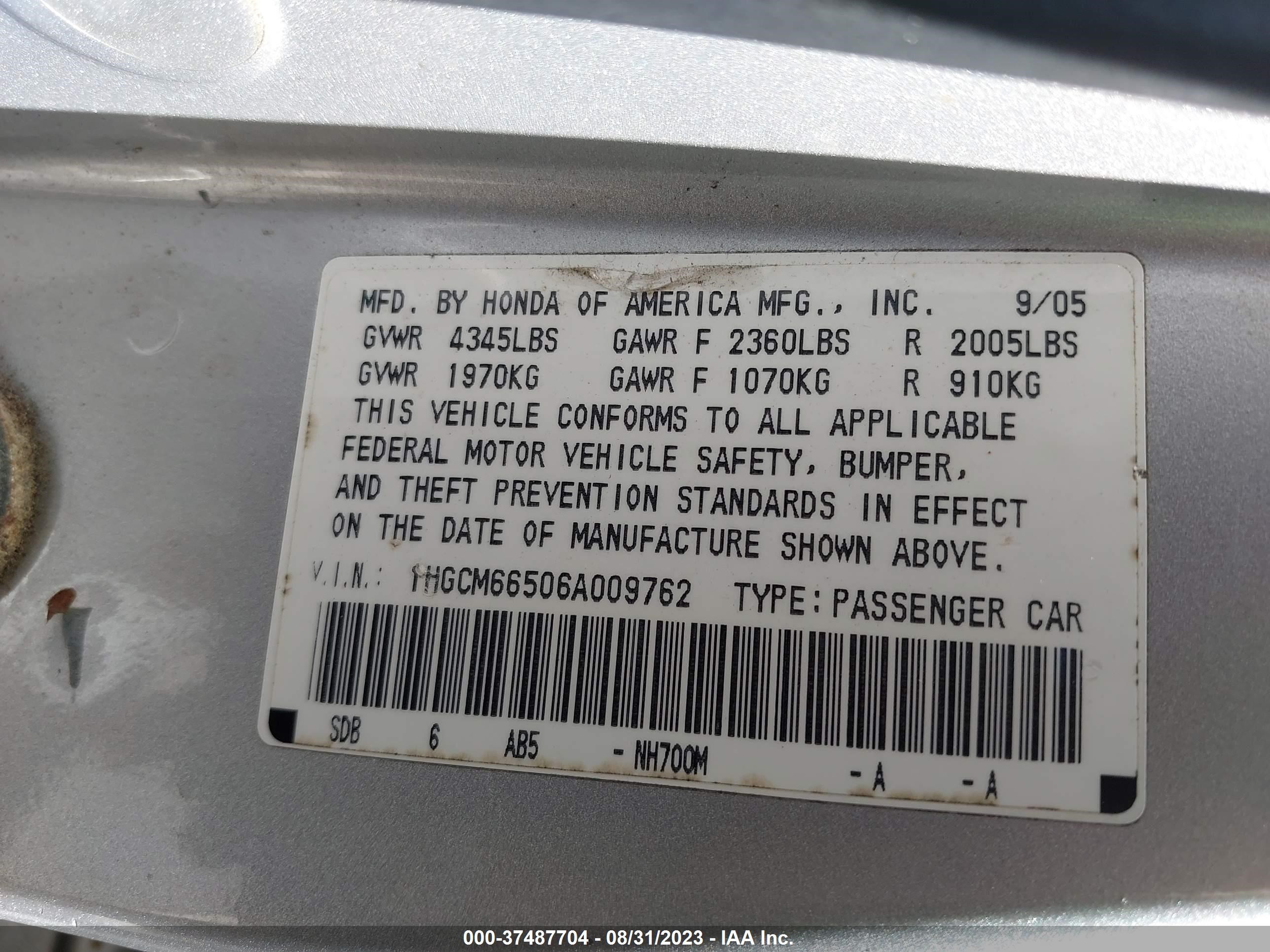 Photo 8 VIN: 1HGCM66506A009762 - HONDA ACCORD 