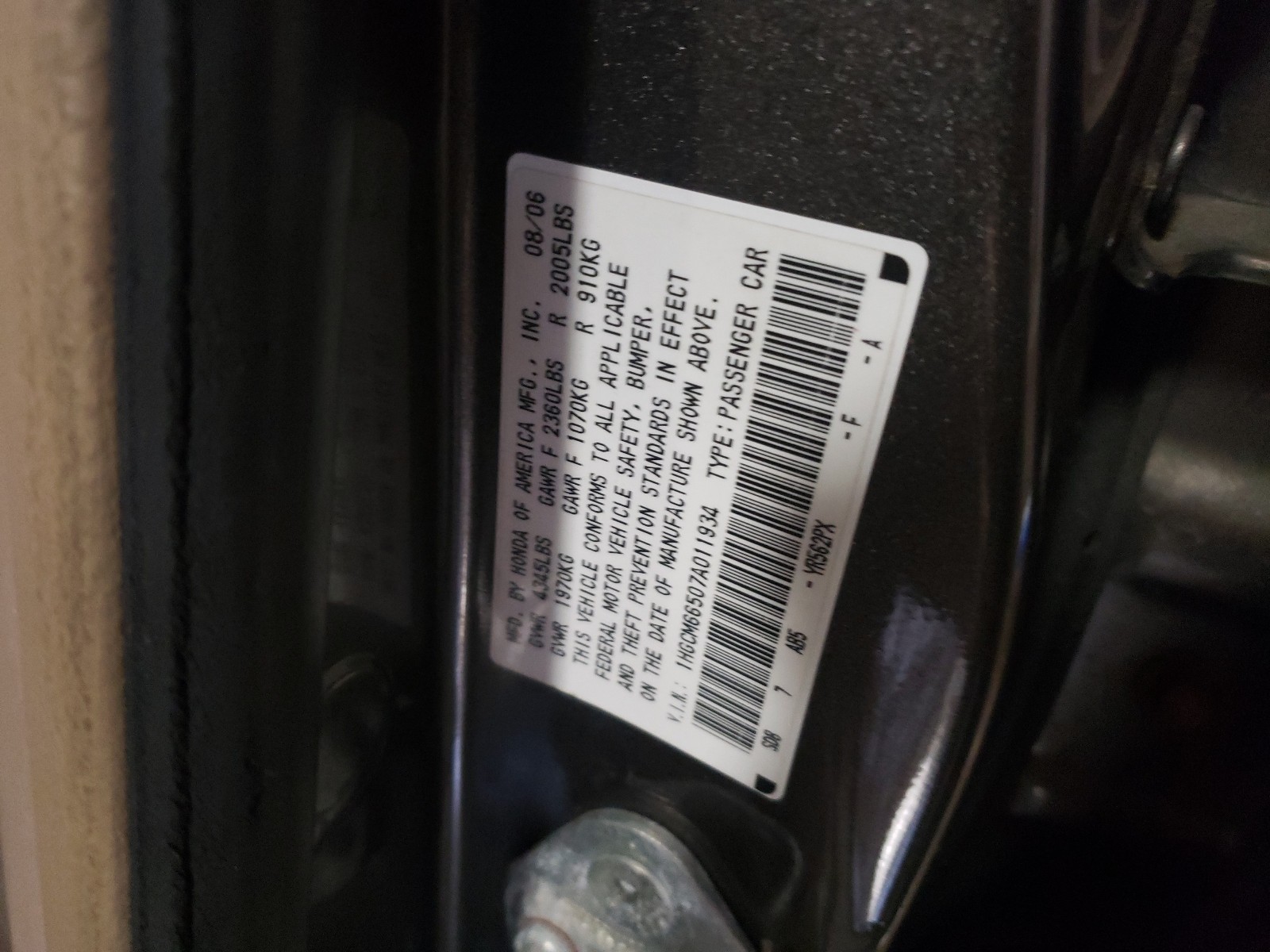 Photo 9 VIN: 1HGCM66507A011934 - HONDA ACCORD EX 