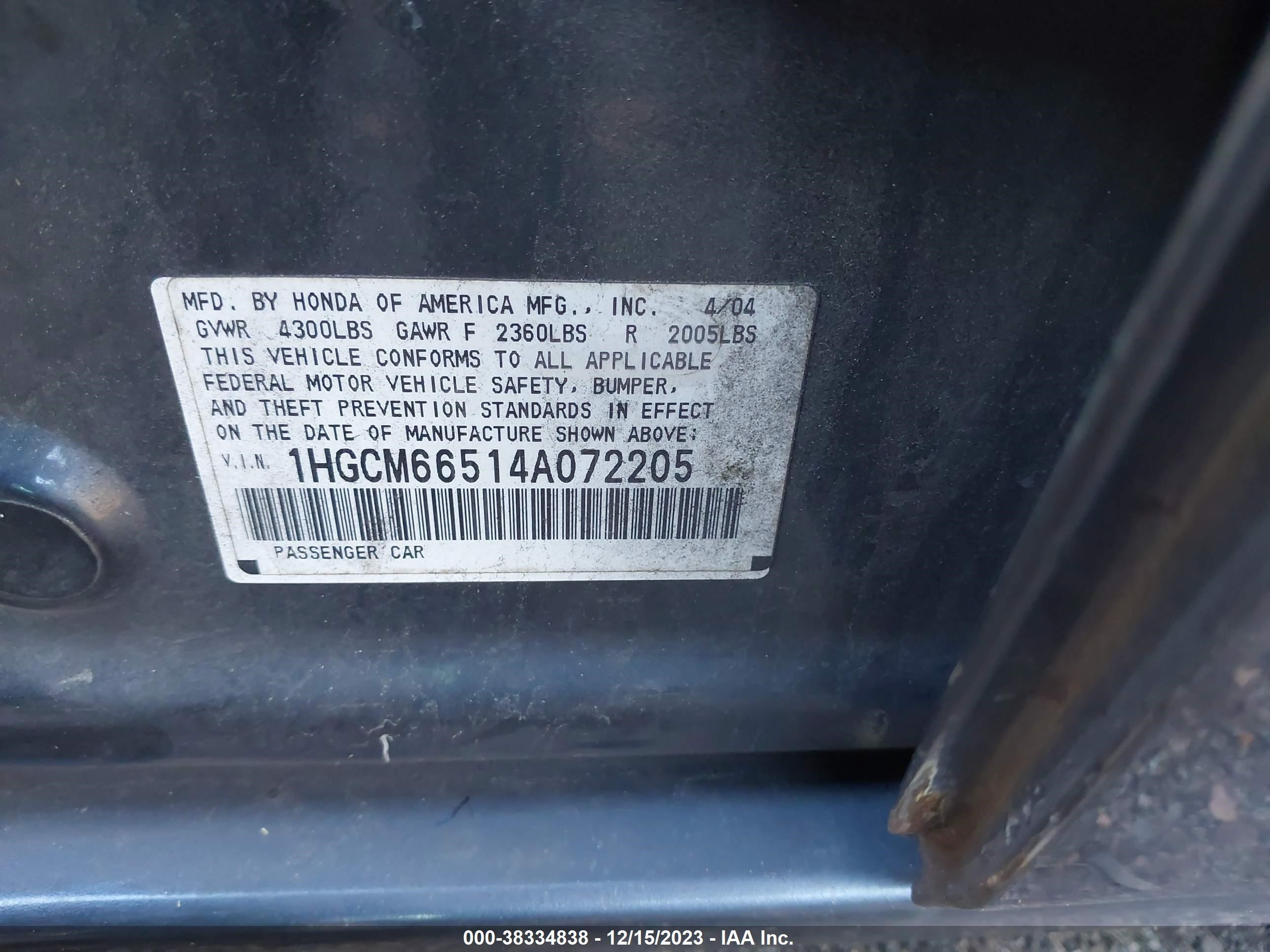 Photo 8 VIN: 1HGCM66514A072205 - HONDA ACCORD 