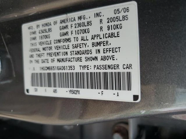 Photo 11 VIN: 1HGCM66516A061353 - HONDA ACCORD EX 