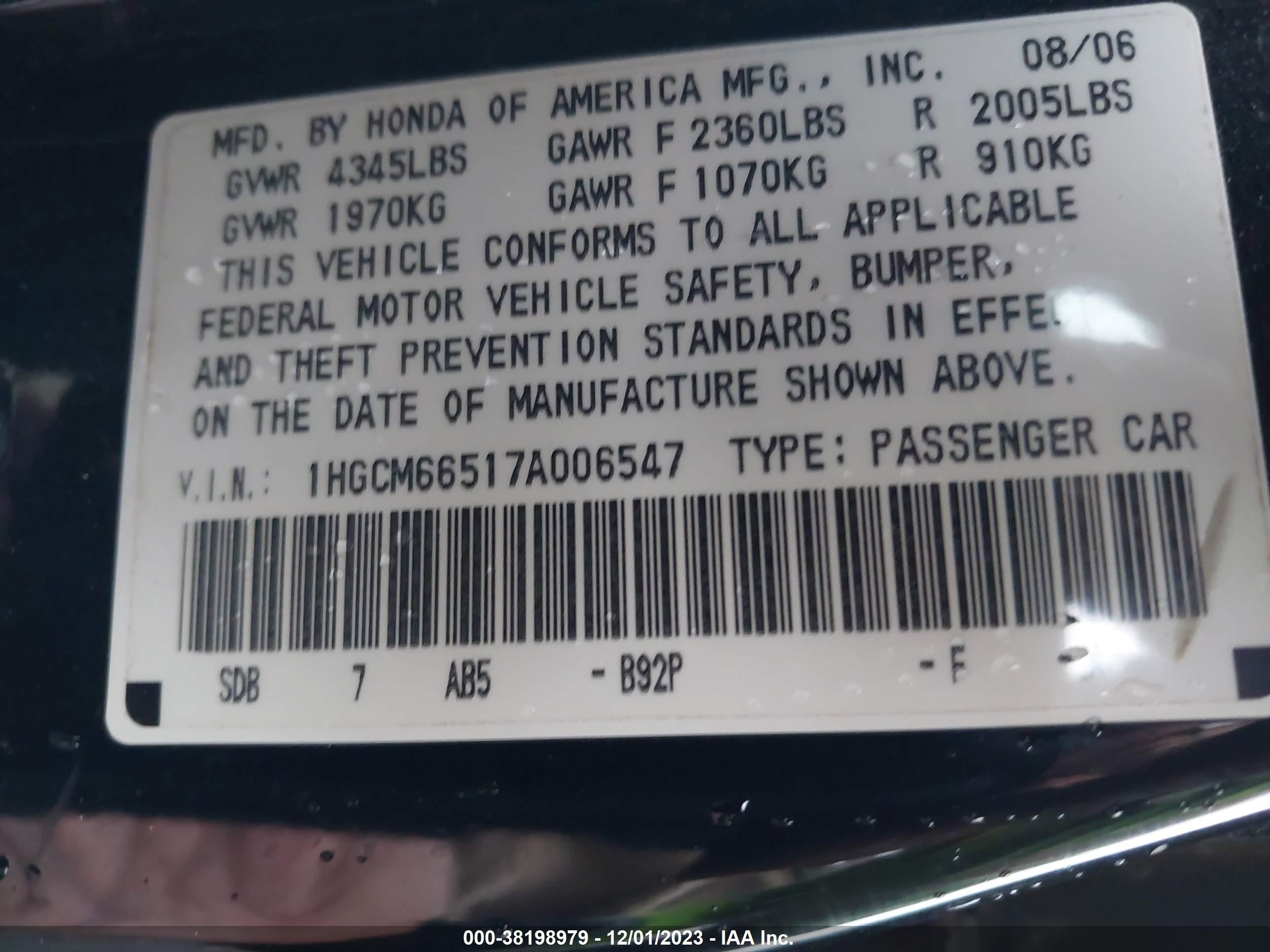 Photo 8 VIN: 1HGCM66517A006547 - HONDA ACCORD 