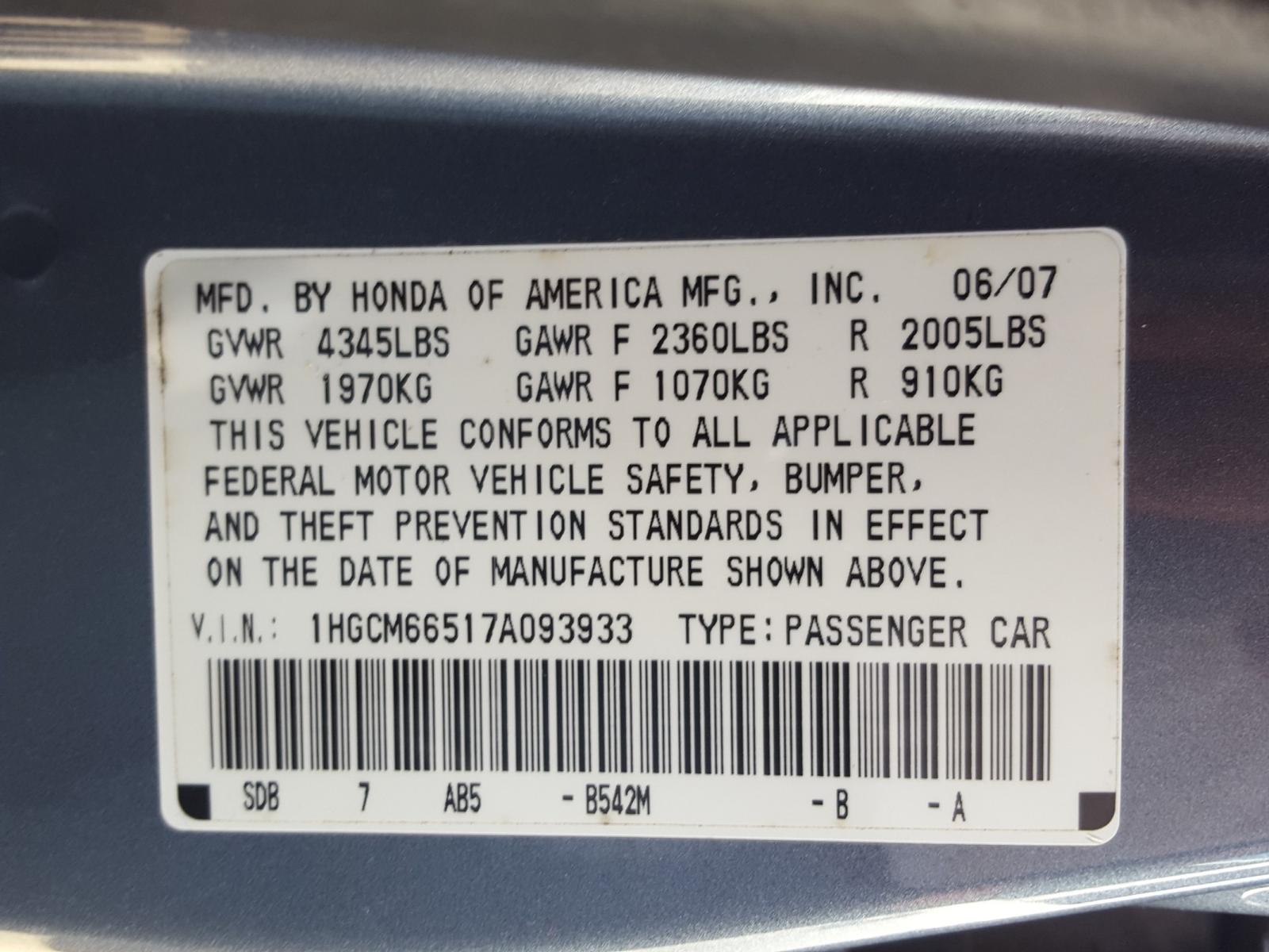 Photo 9 VIN: 1HGCM66517A093933 - HONDA ACCORD EX 