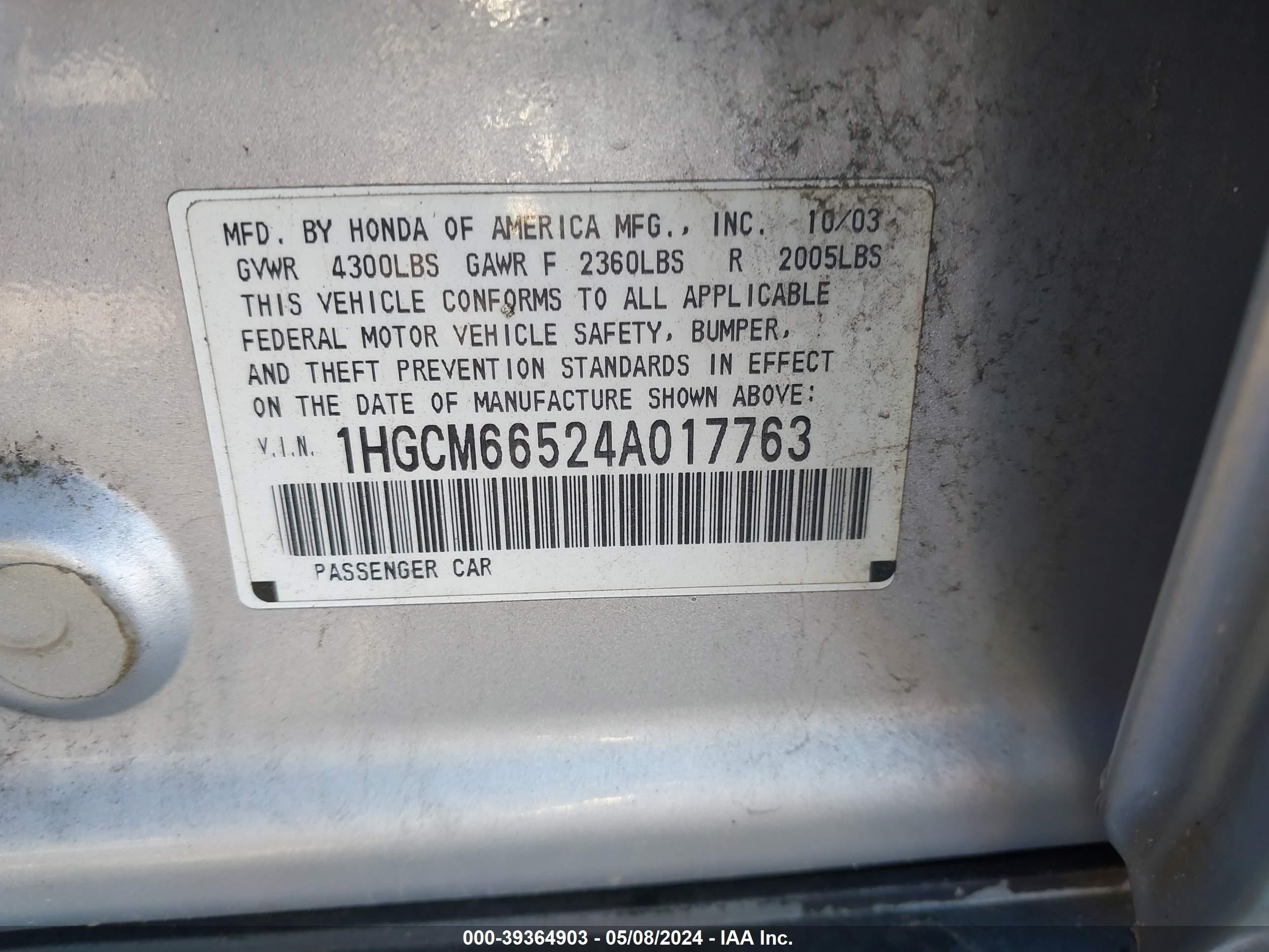 Photo 8 VIN: 1HGCM66524A017763 - HONDA ACCORD 