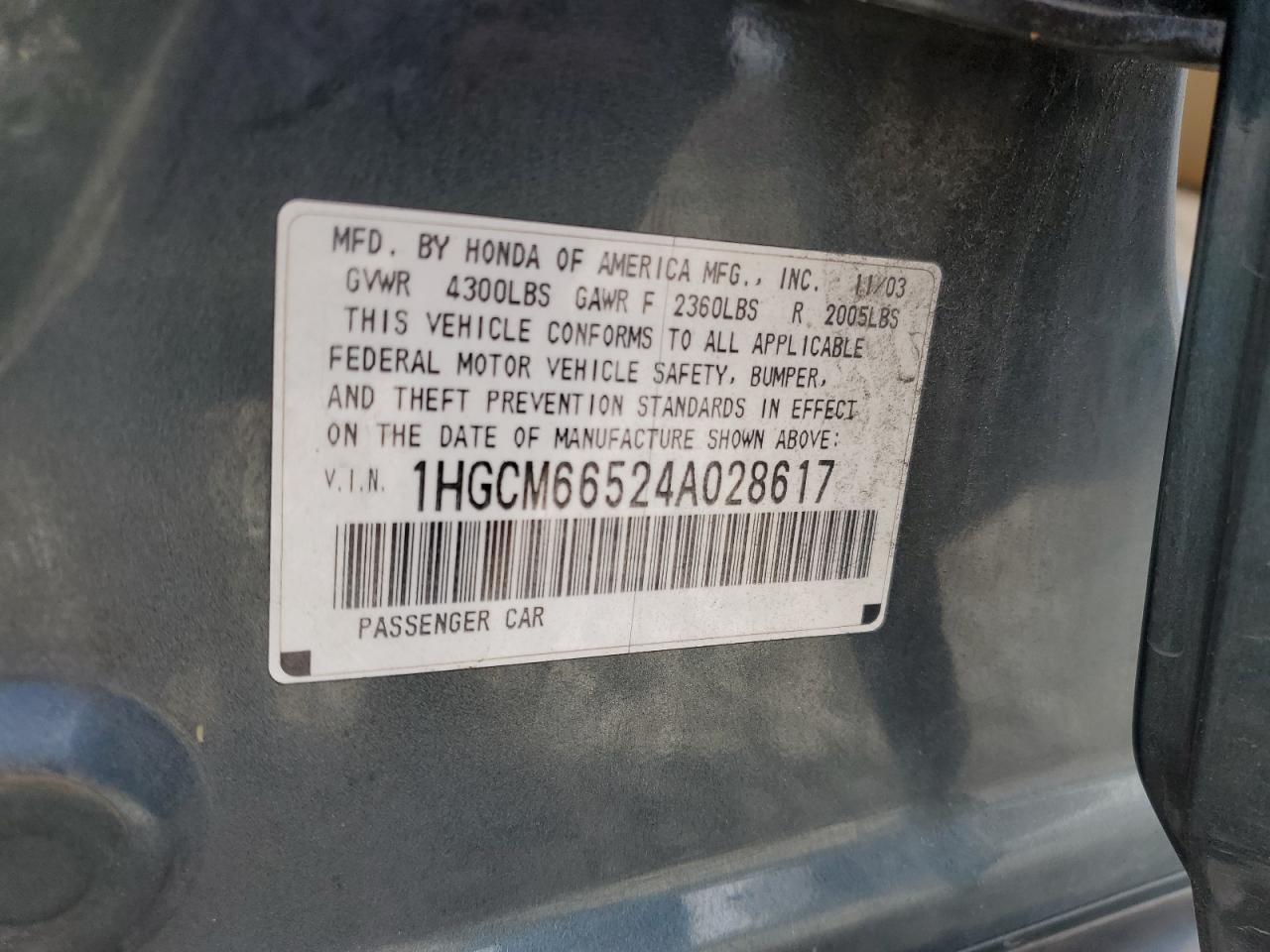 Photo 11 VIN: 1HGCM66524A028617 - HONDA ACCORD 