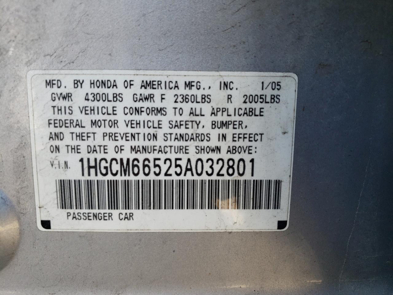 Photo 11 VIN: 1HGCM66525A032801 - HONDA ACCORD 