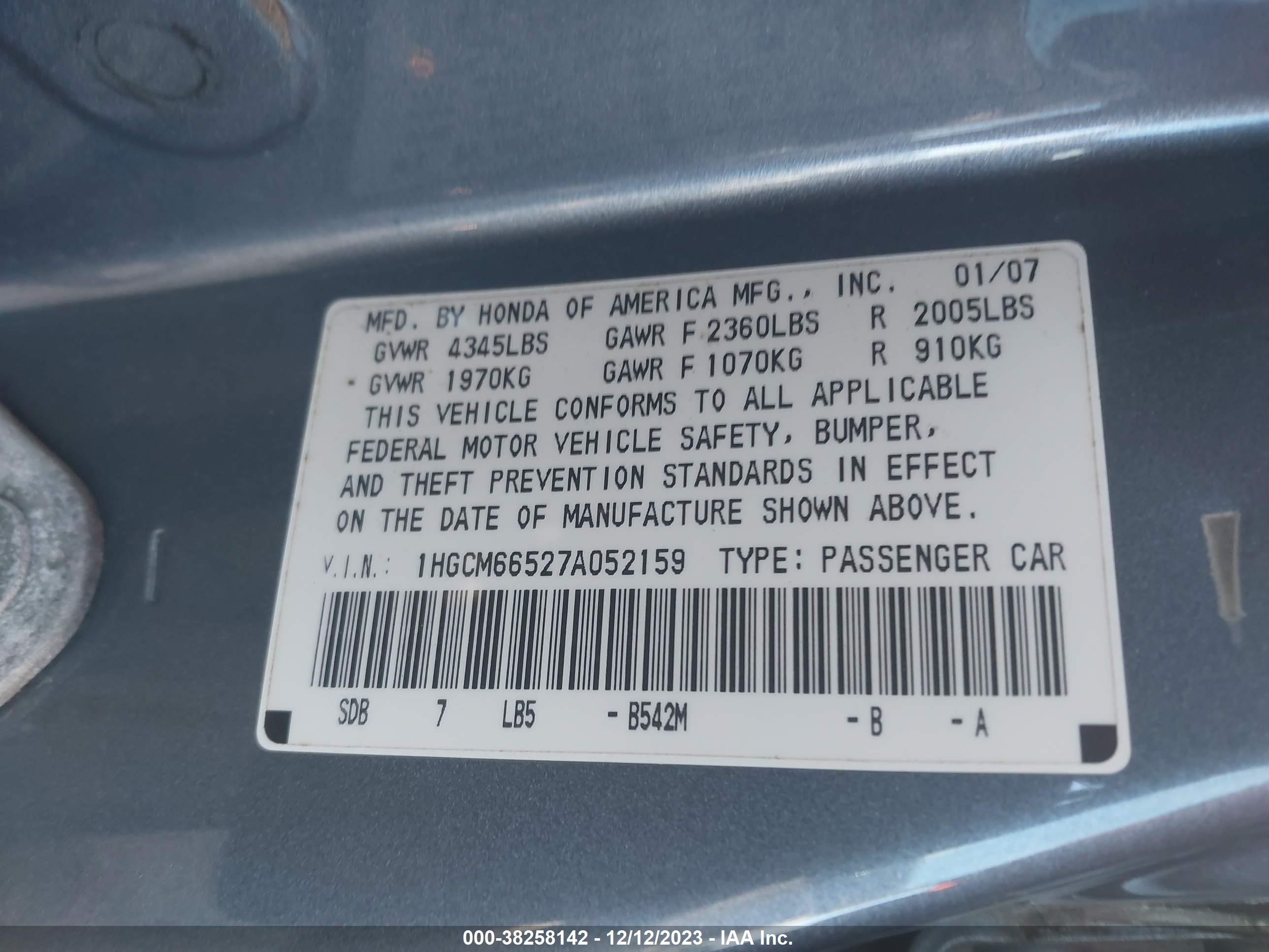 Photo 8 VIN: 1HGCM66527A052159 - HONDA ACCORD 