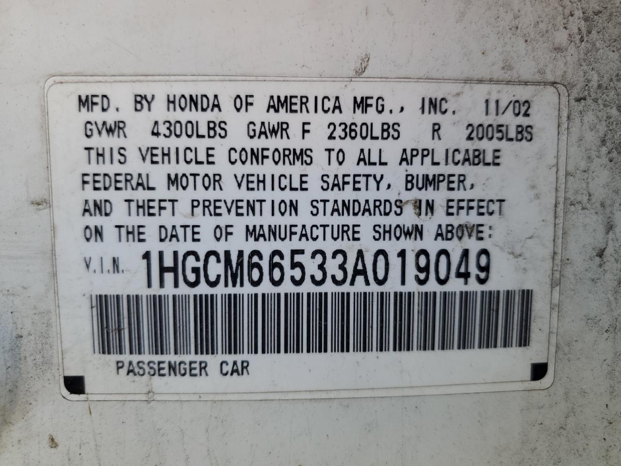 Photo 11 VIN: 1HGCM66533A019049 - HONDA ACCORD 