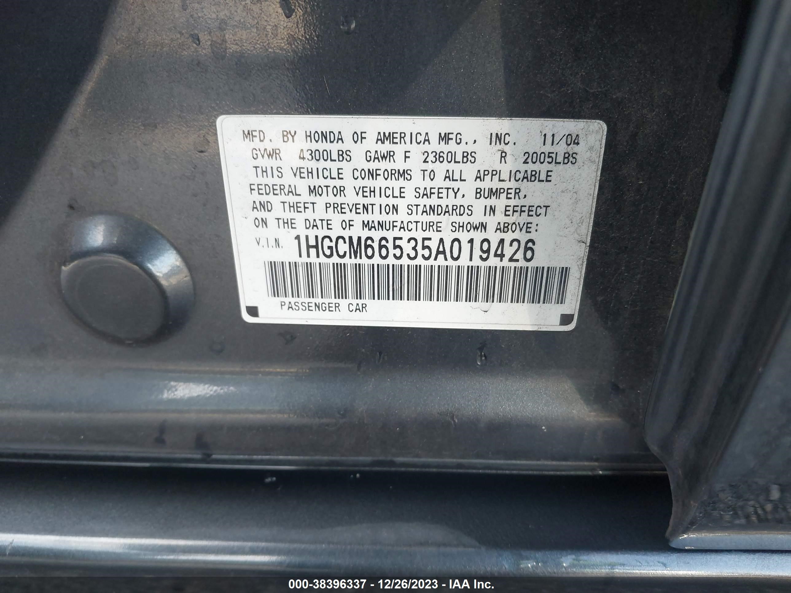 Photo 7 VIN: 1HGCM66535A019426 - HONDA ACCORD 