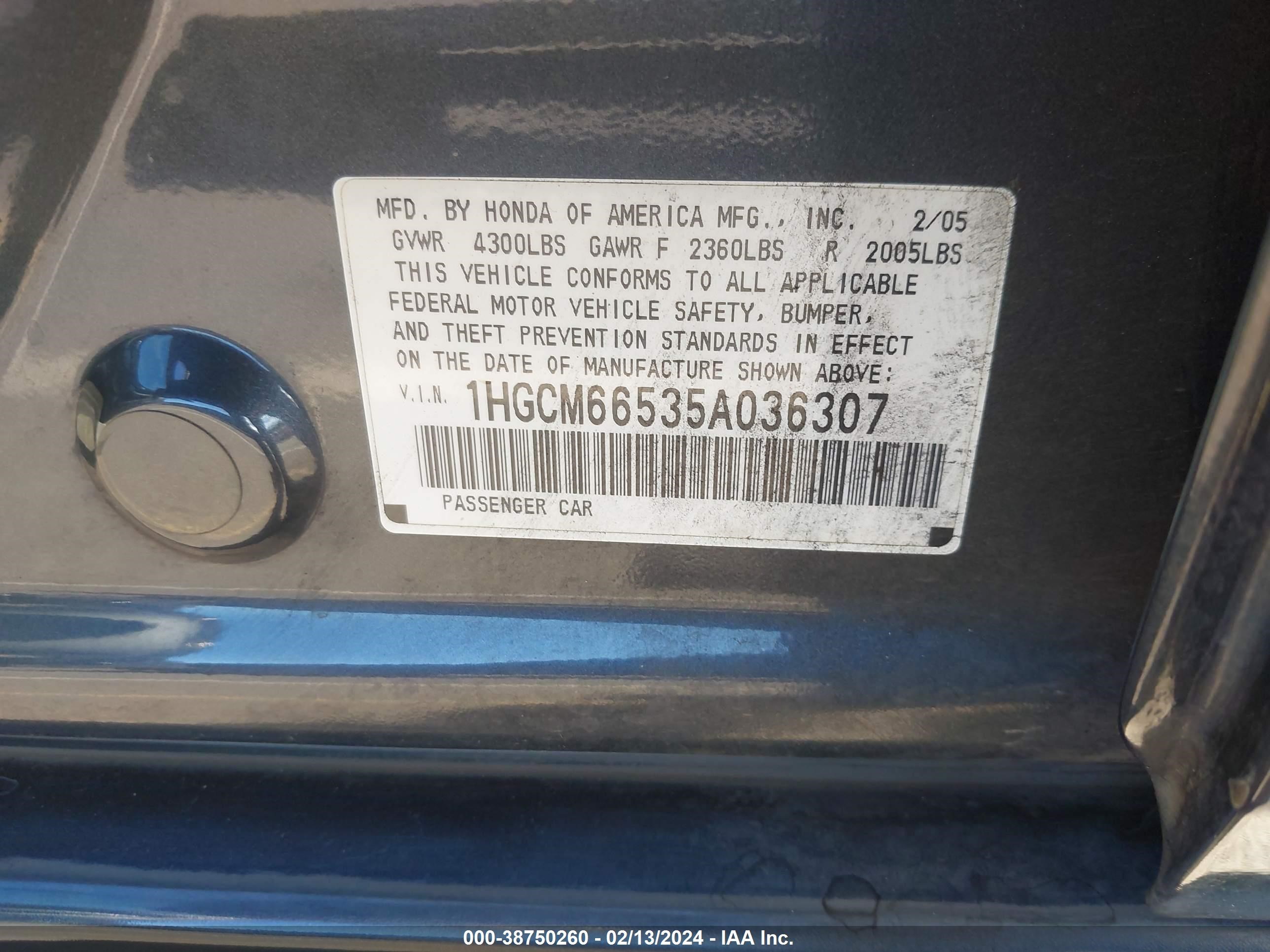 Photo 8 VIN: 1HGCM66535A036307 - HONDA ACCORD 