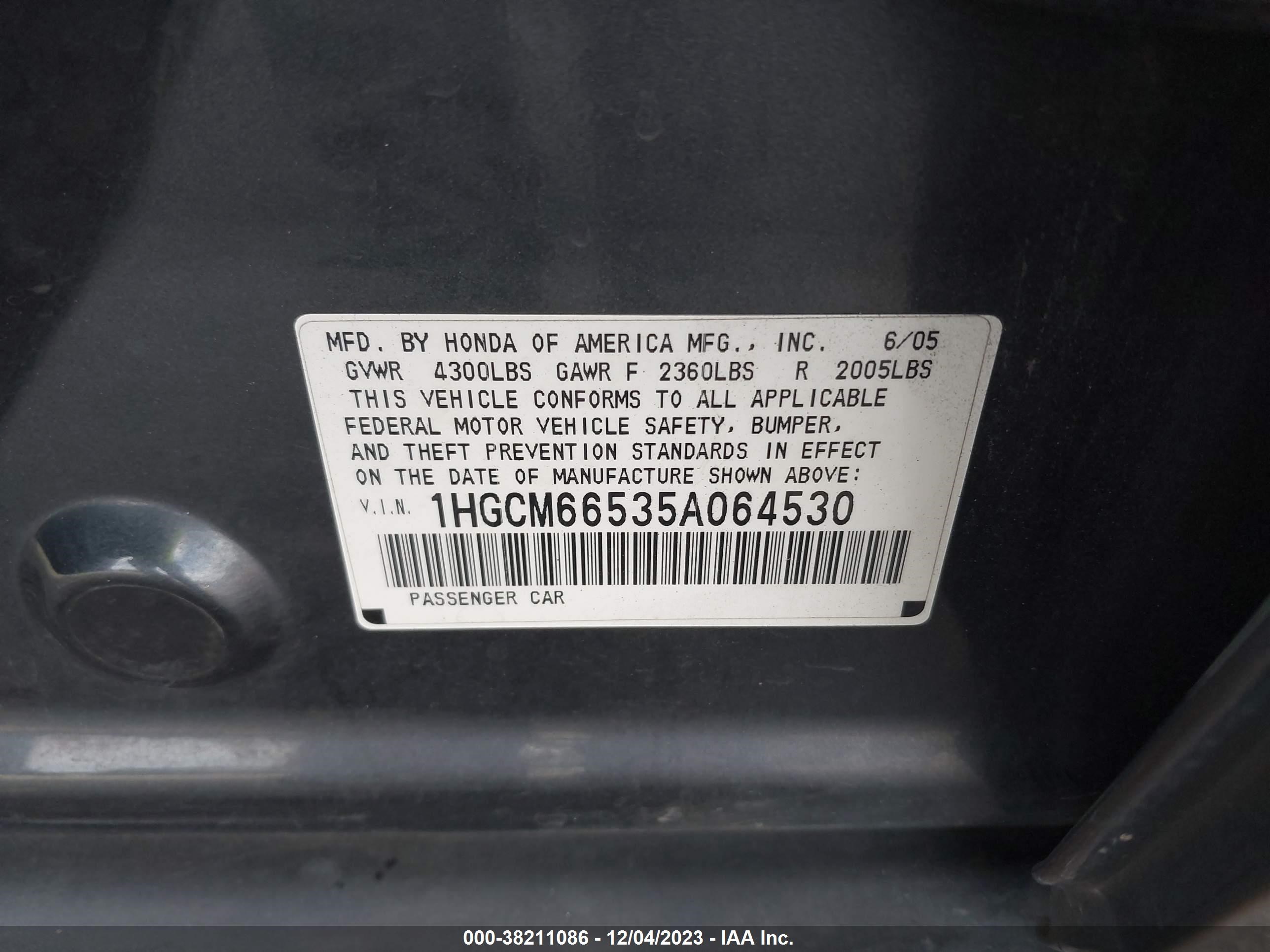 Photo 8 VIN: 1HGCM66535A064530 - HONDA ACCORD 