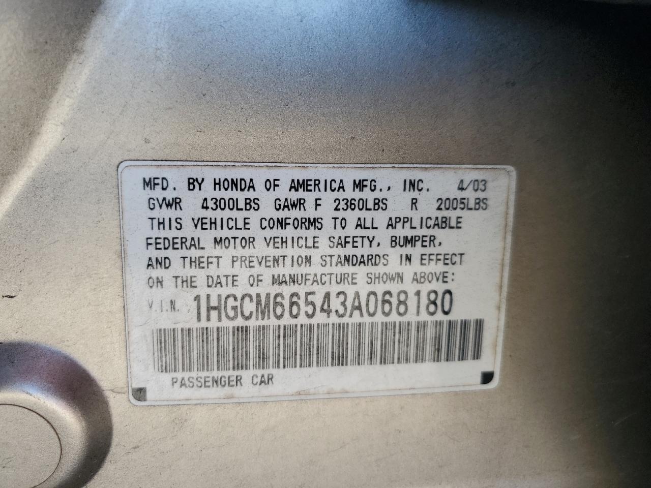 Photo 11 VIN: 1HGCM66543A068180 - HONDA ACCORD 