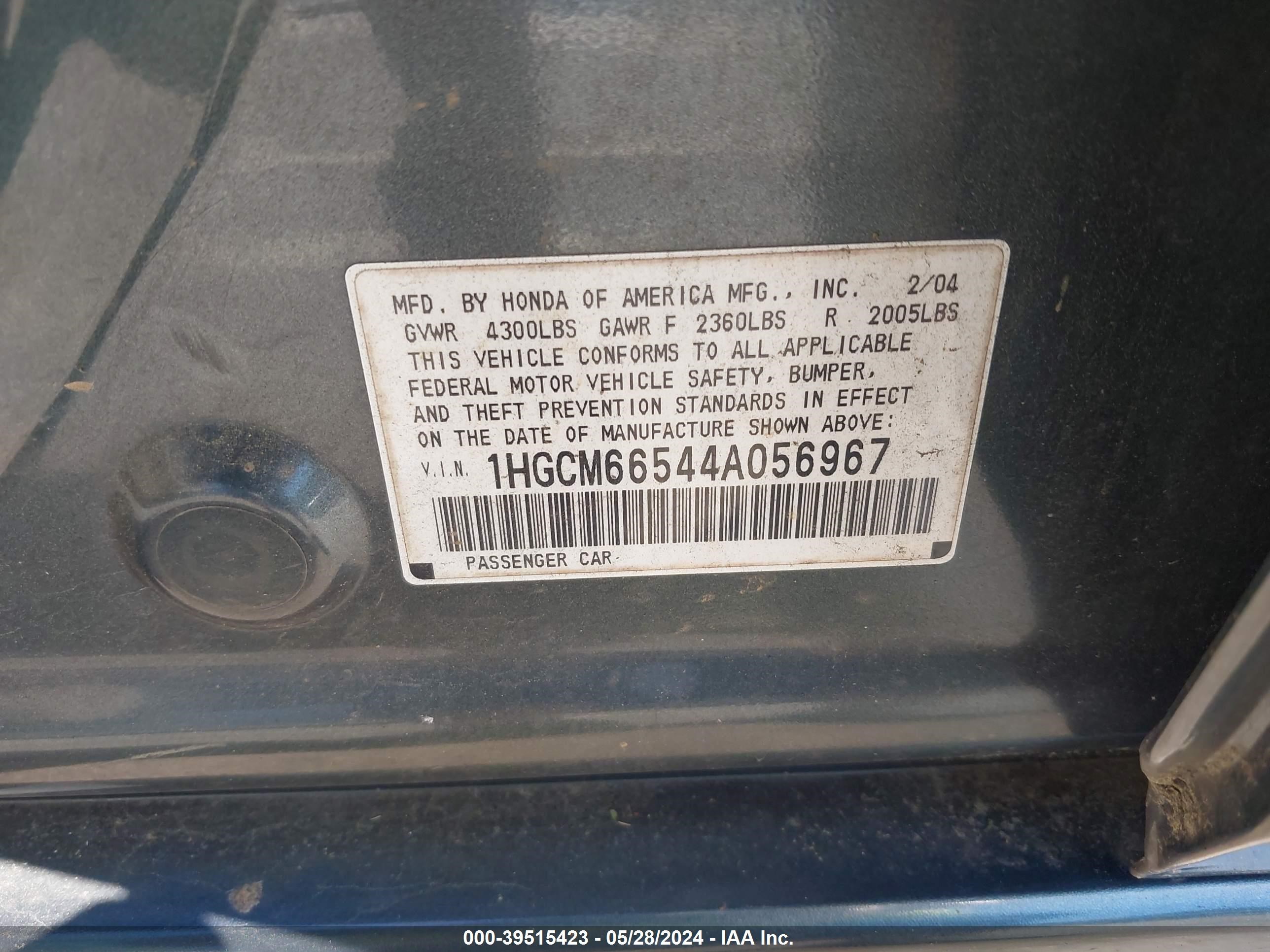 Photo 8 VIN: 1HGCM66544A056967 - HONDA ACCORD 