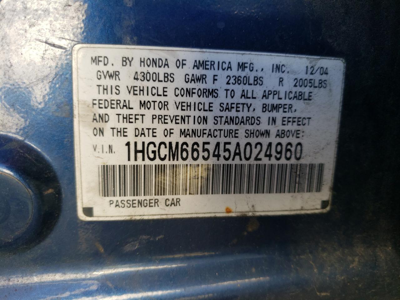 Photo 11 VIN: 1HGCM66545A024960 - HONDA ACCORD 